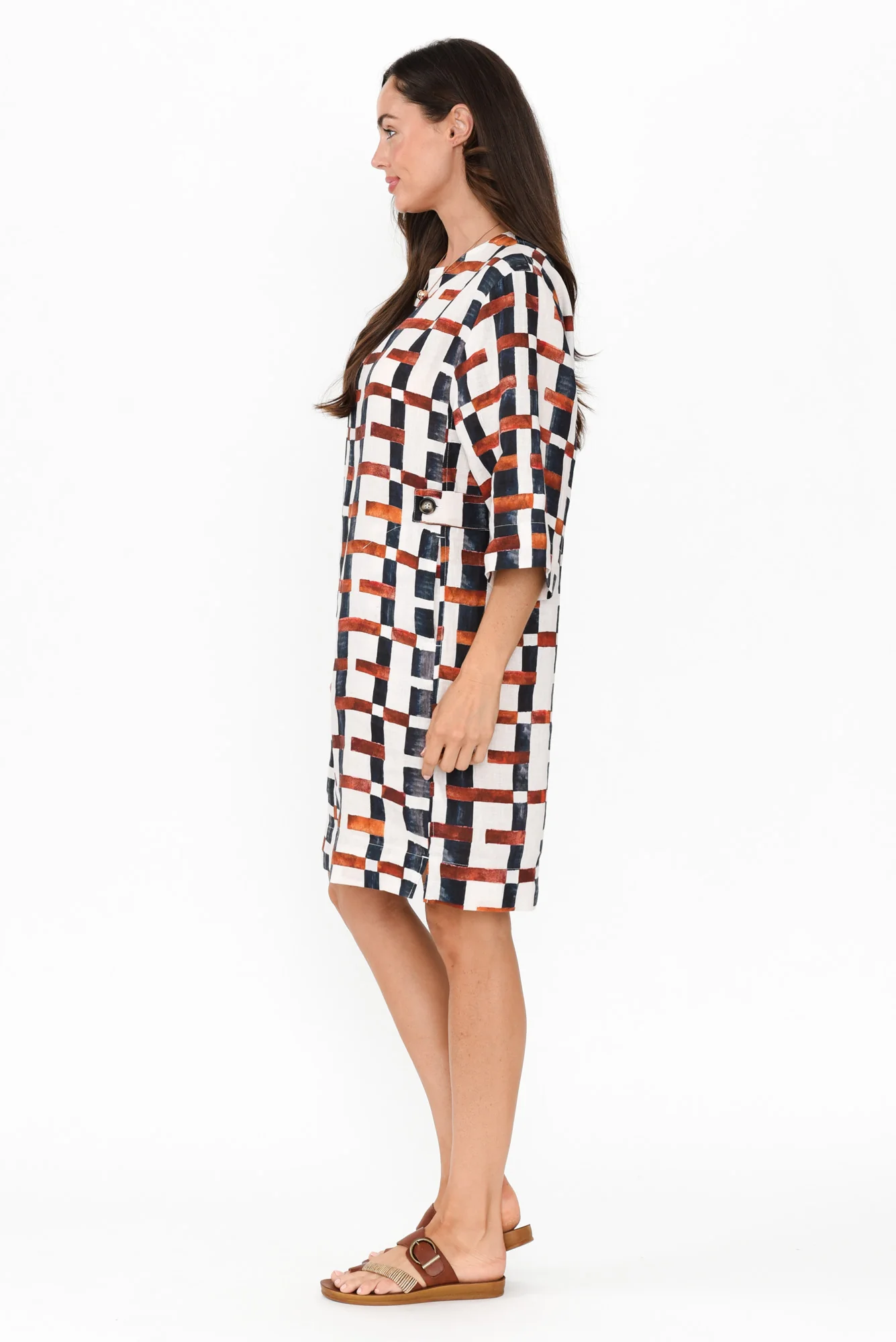 Stiles Brown Geo Linen Belted Dress