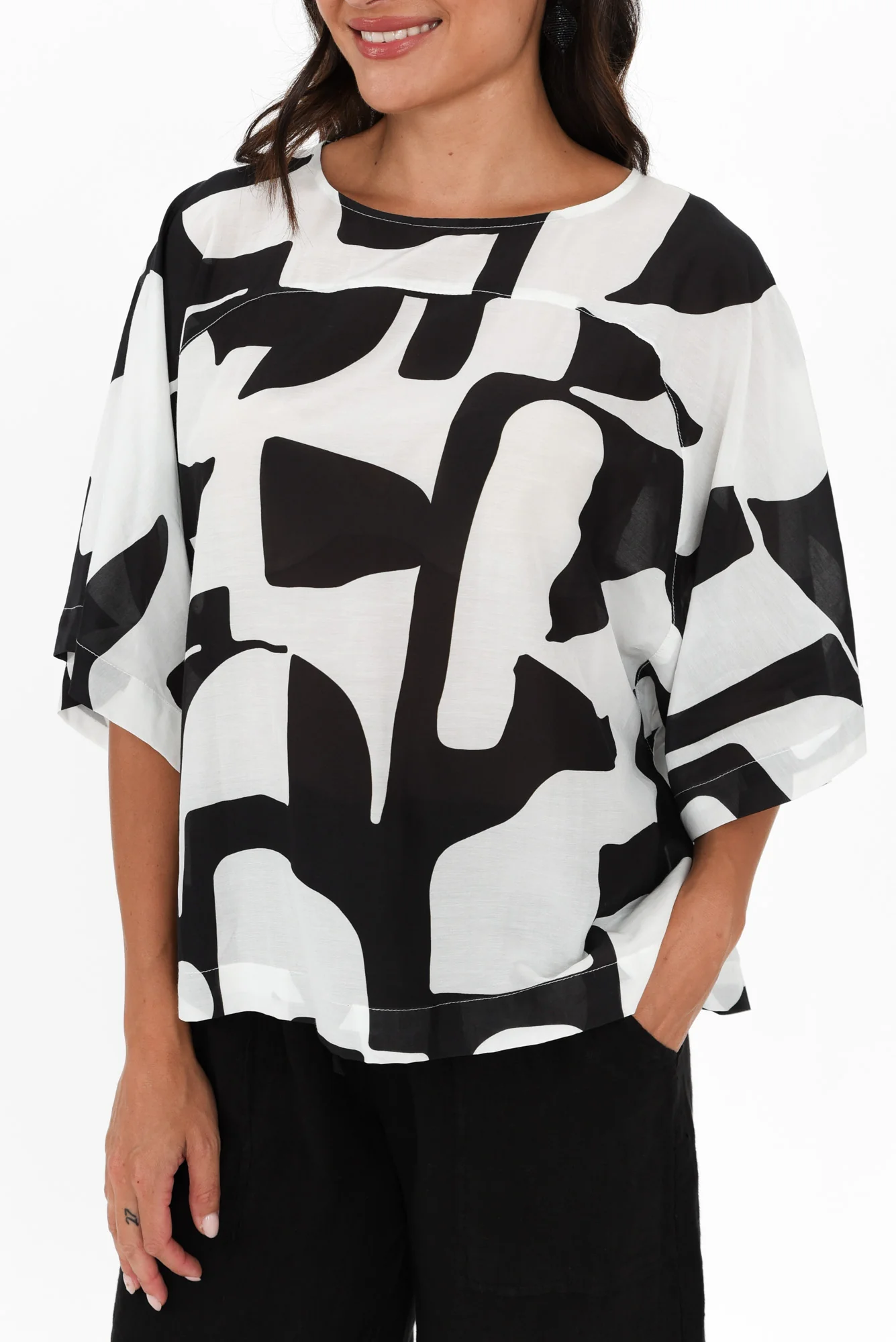 Baley Black Abstract Cotton Silk Top