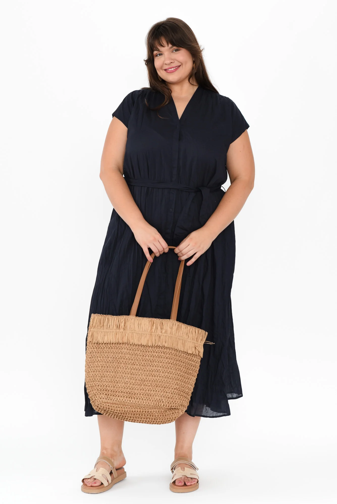 Octavia Navy Crinkle Cotton Button Dress