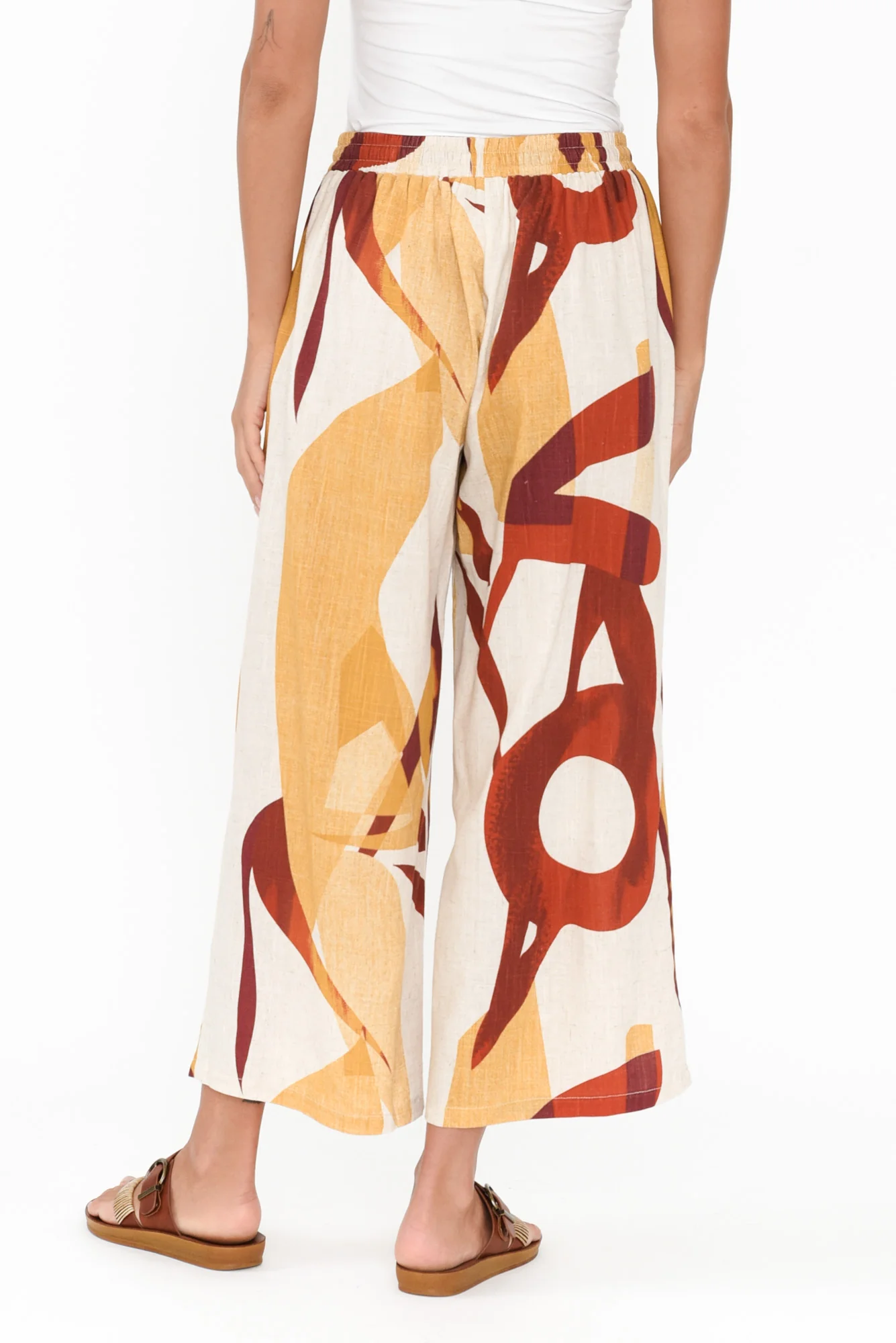 Minnelli Beige Abstract Linen Cotton Pants