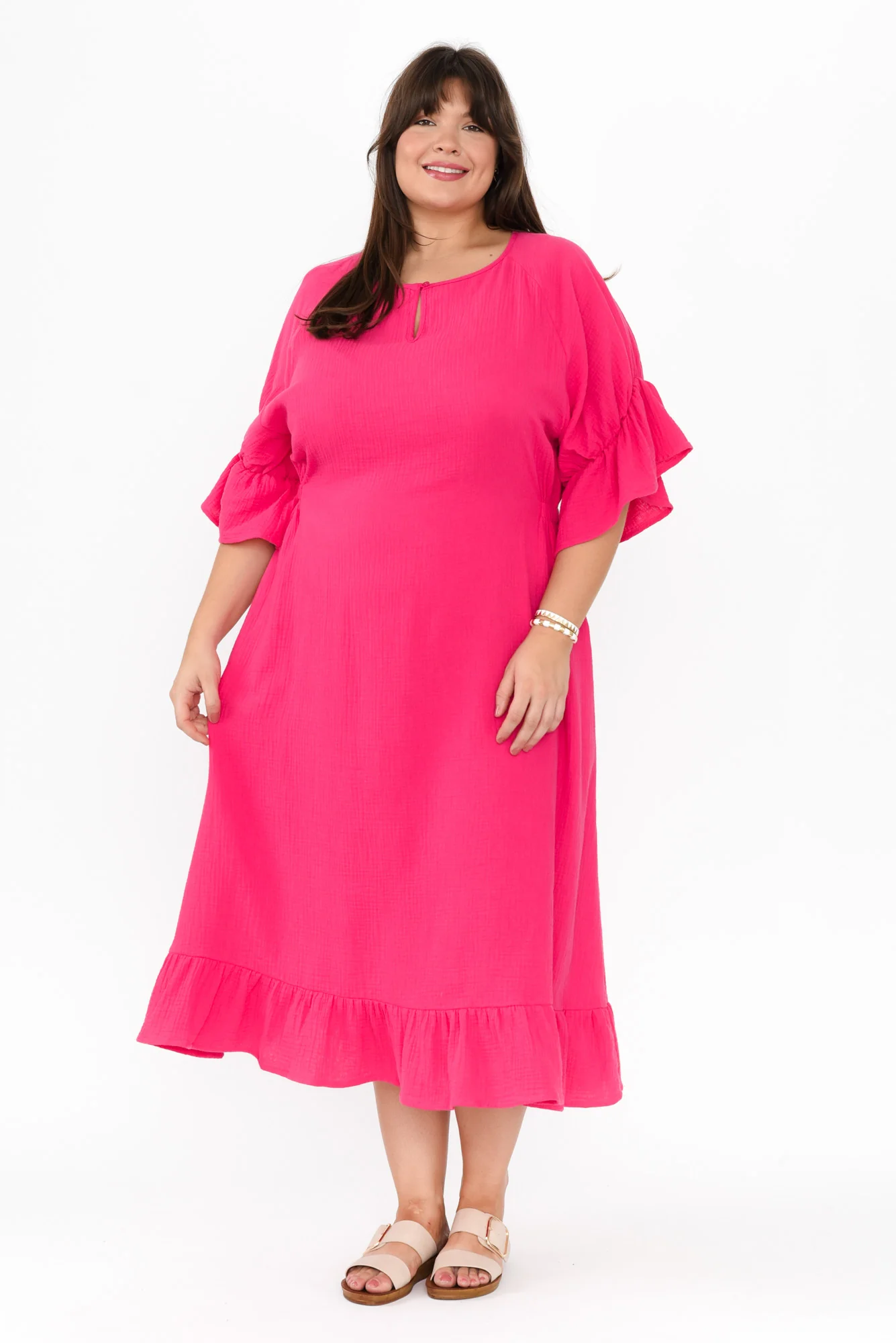 Lesi Fuchsia Cotton Cheesecloth Frill Dress