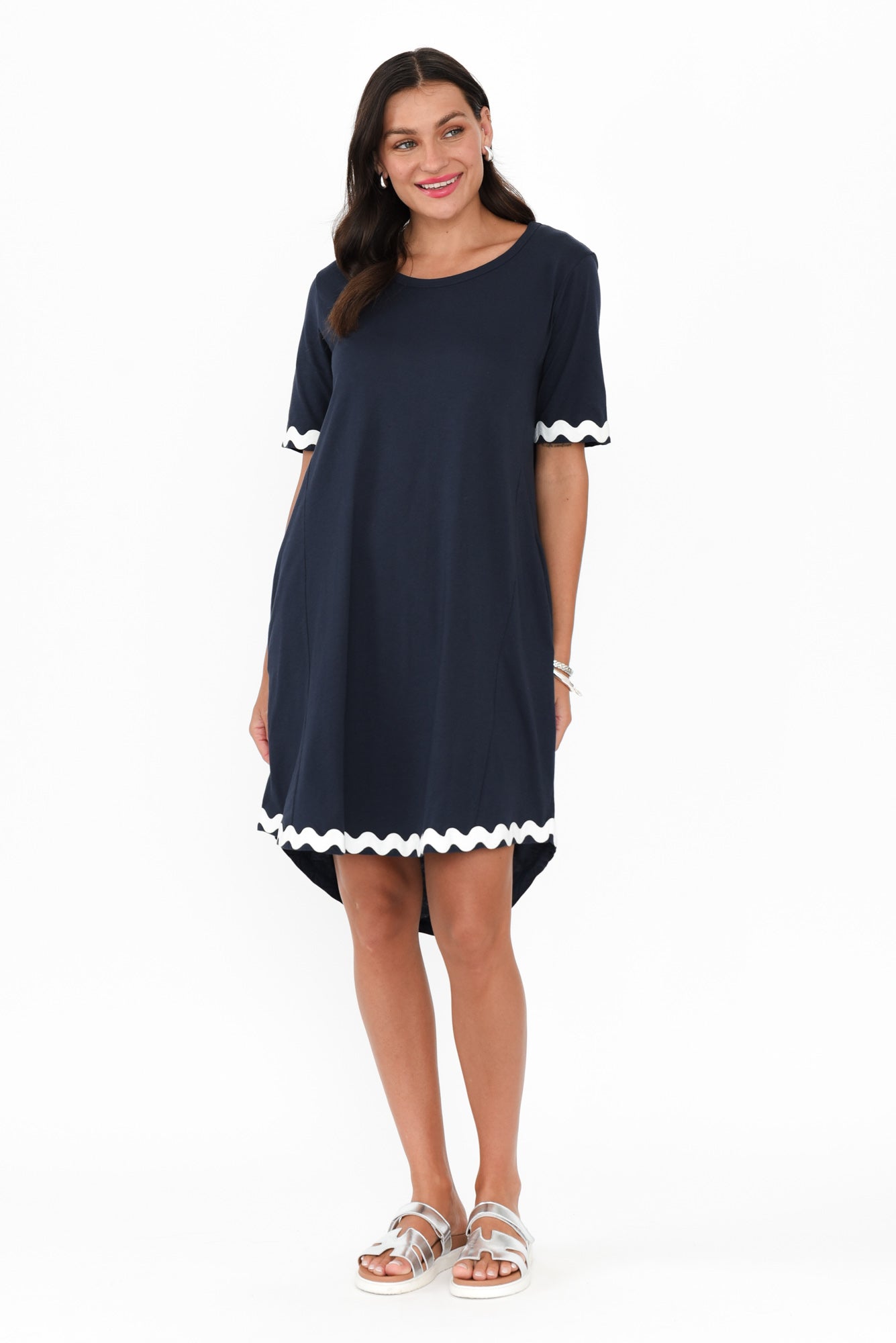 Nyree Navy Ric Rac Hi Lo Cotton Dress