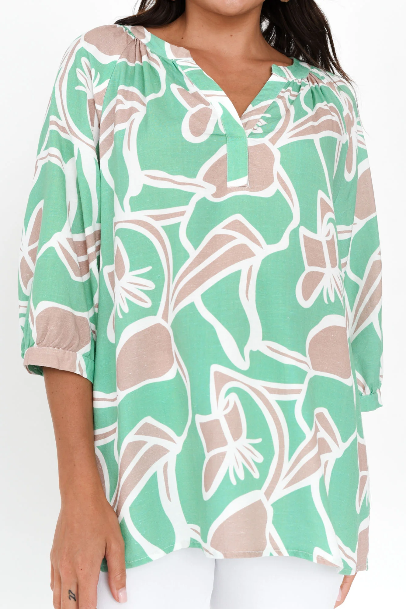Noosa Green Abstract Linen Blend Top