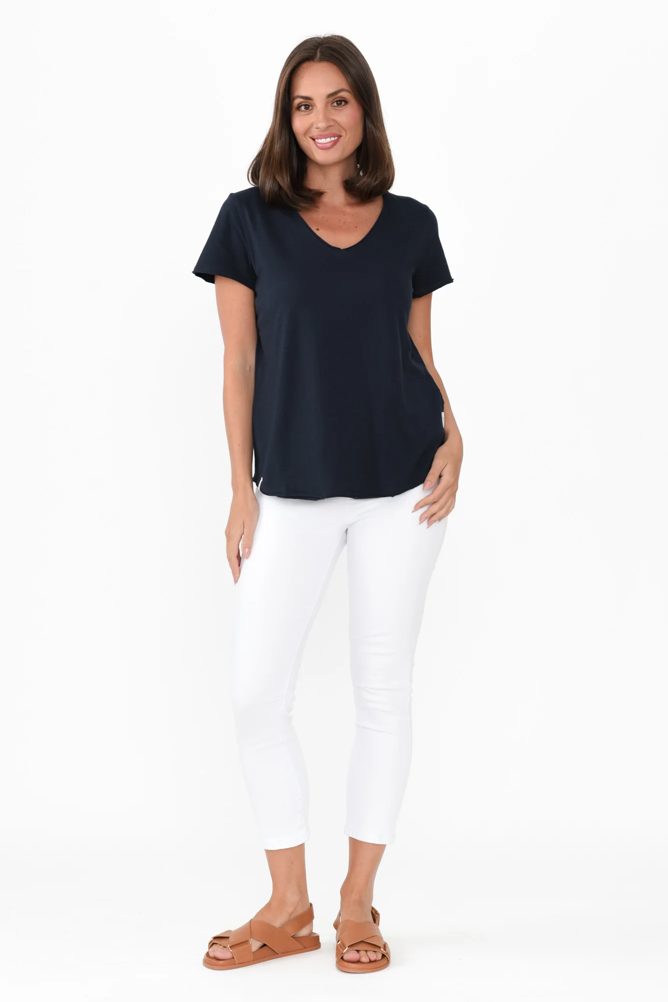 Maggie Navy Cotton Vee Tee