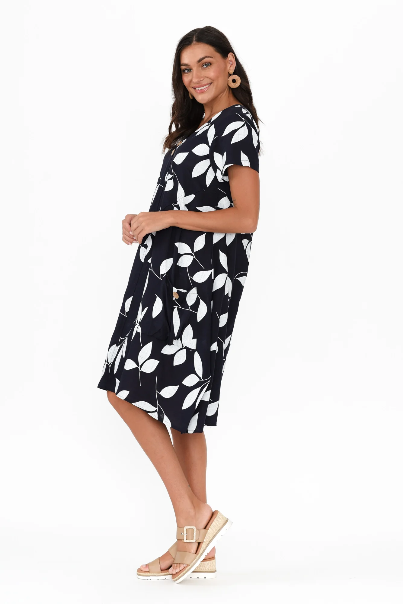 Bryant Navy Leaf Linen Cotton Dress