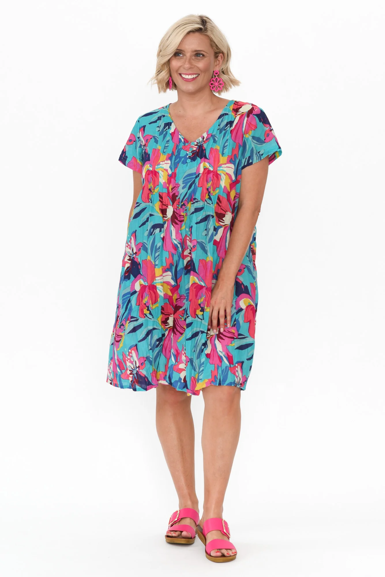 Sabina Blue Bloom Crinkle Cotton Dress