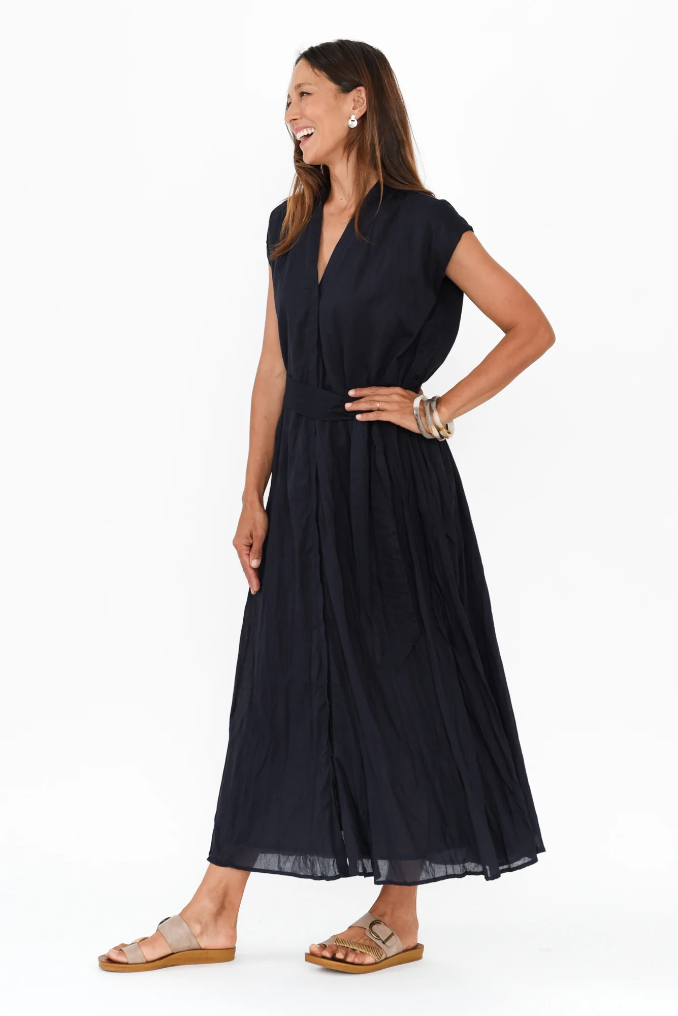 Octavia Navy Crinkle Cotton Button Dress