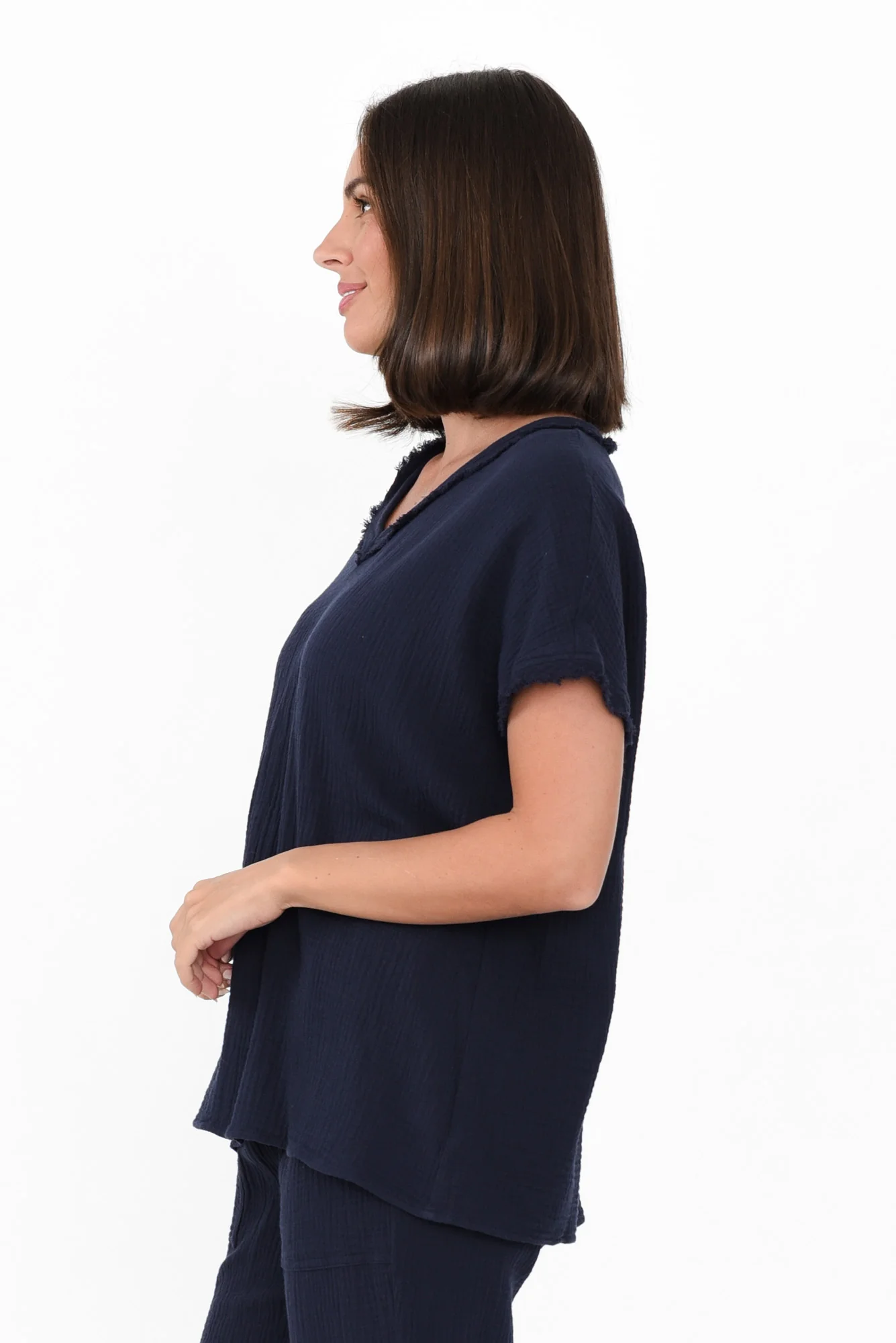Haltia Navy Cotton Cheesecloth V Neck Top