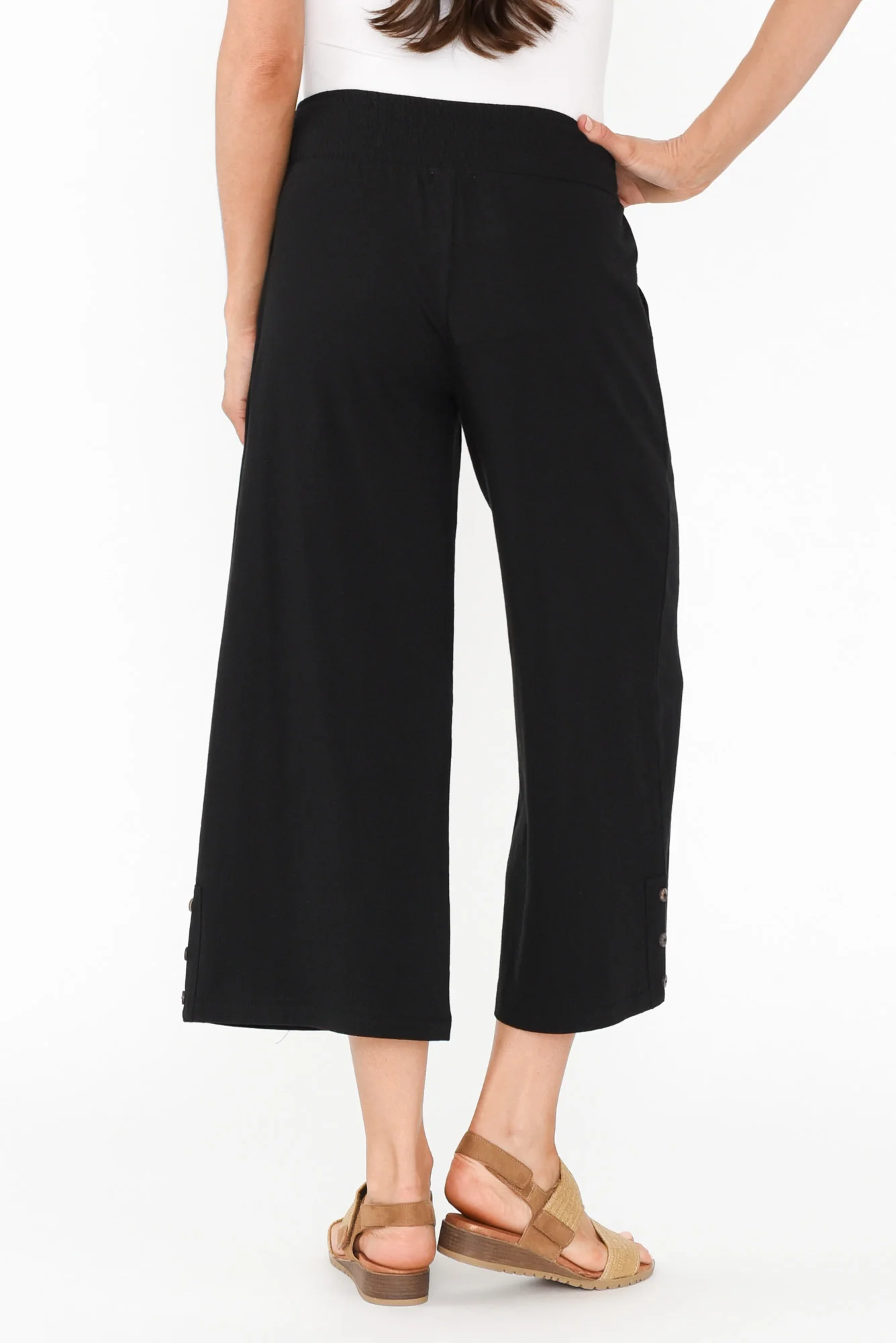 Eliana Black Cotton Shirred Cropped Pants