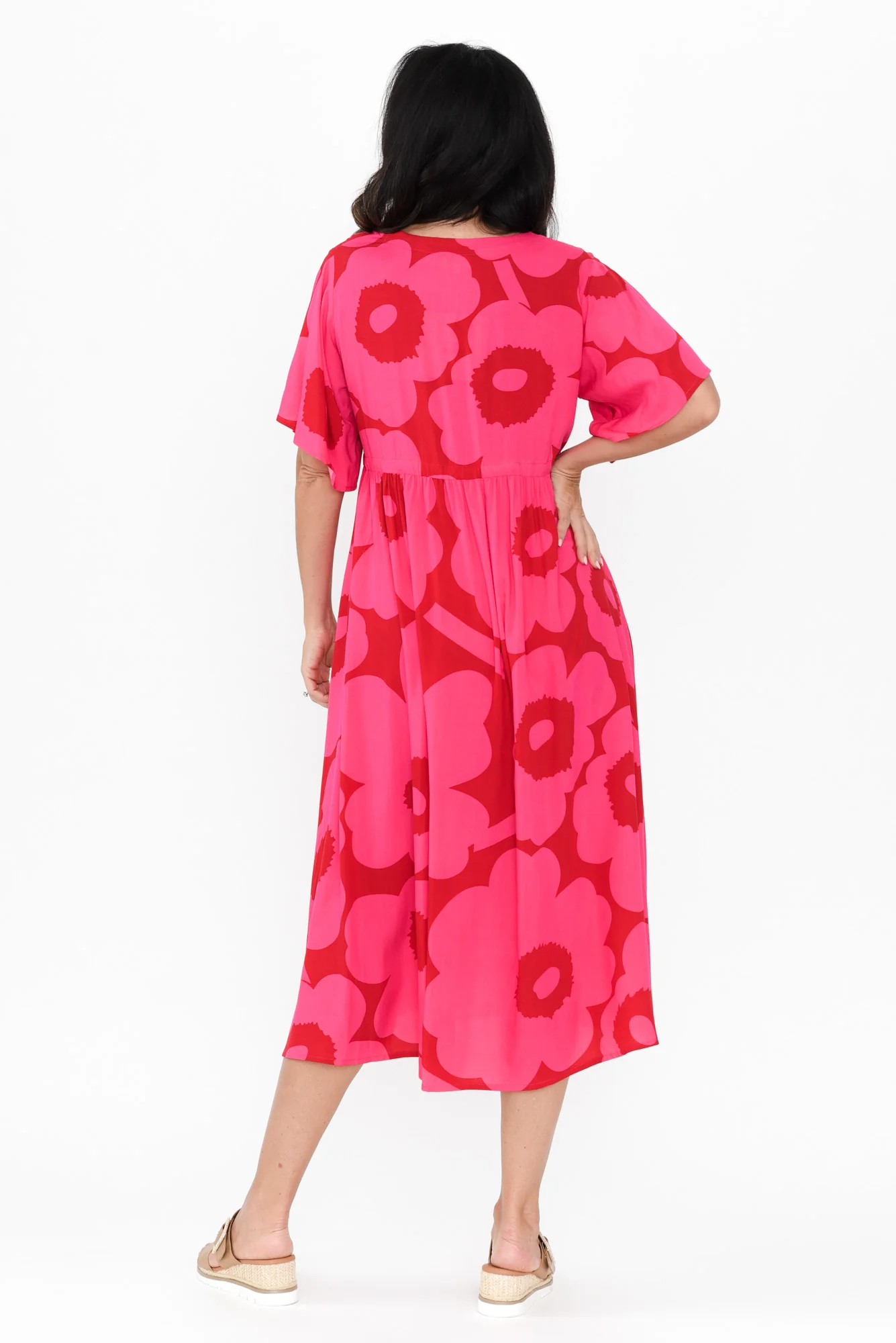 Jennifer Pink Flower Flutter Sleeve Dress