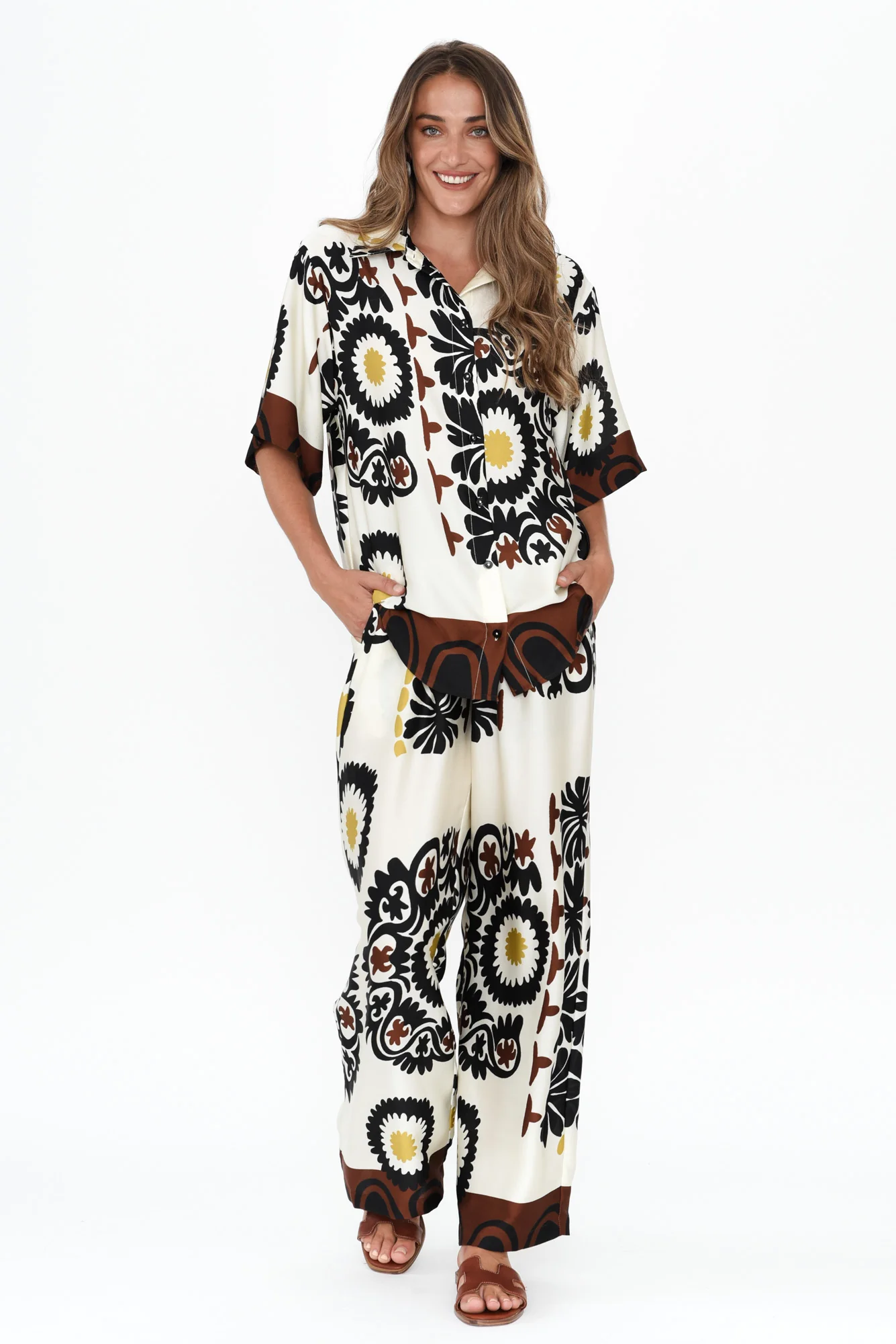 Plato Cream Abstract Wide Leg Pants