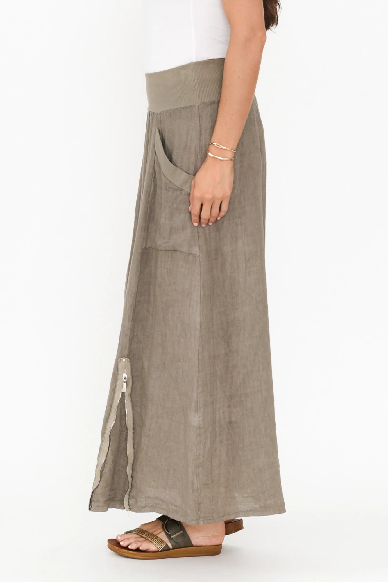 Ani Taupe Linen Pocket Maxi Skirt
