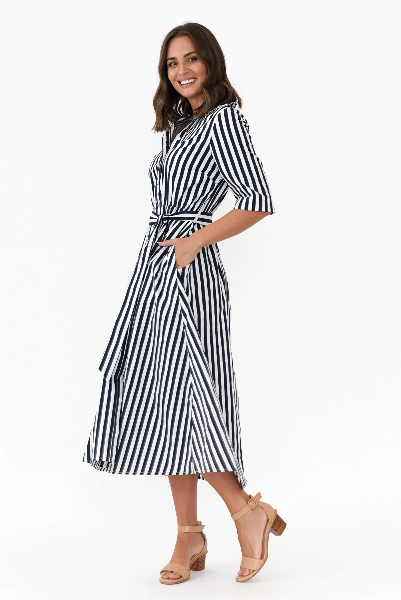 Grace Navy Stripe Cotton Poplin Dress