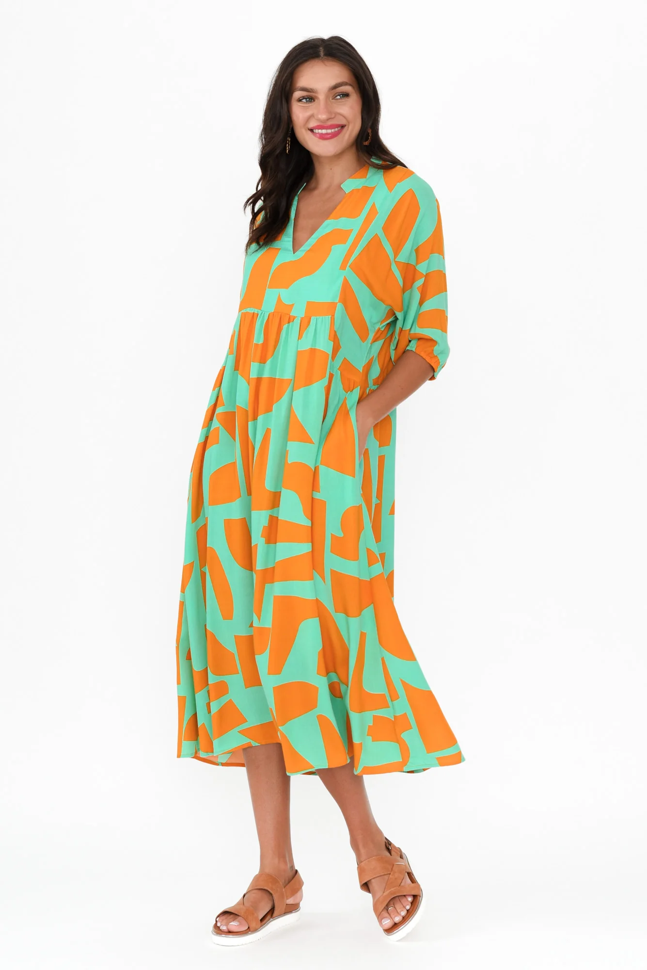 Trey Teal Abstract Midi Dress