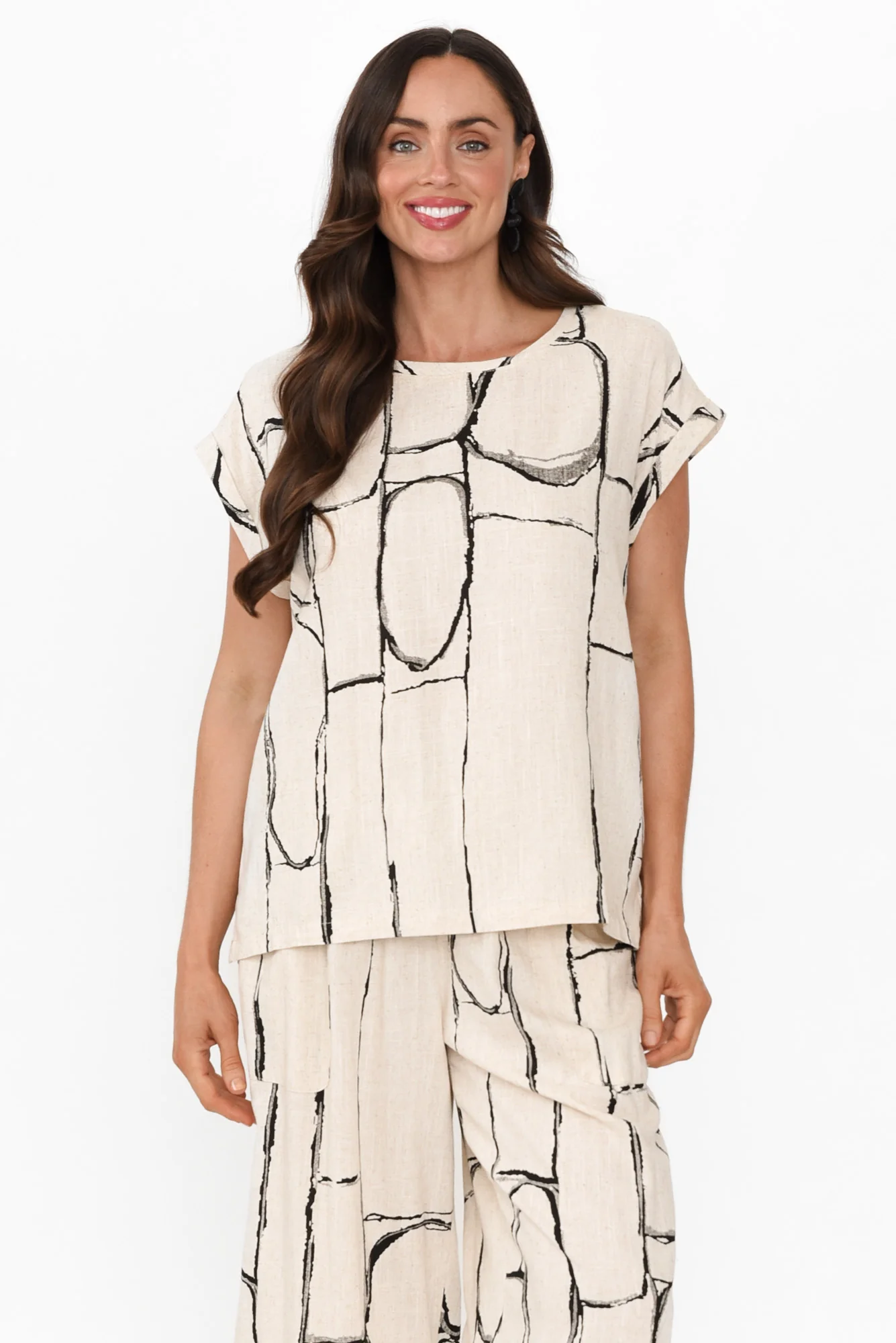 Alta Beige Geo Linen Cotton Top