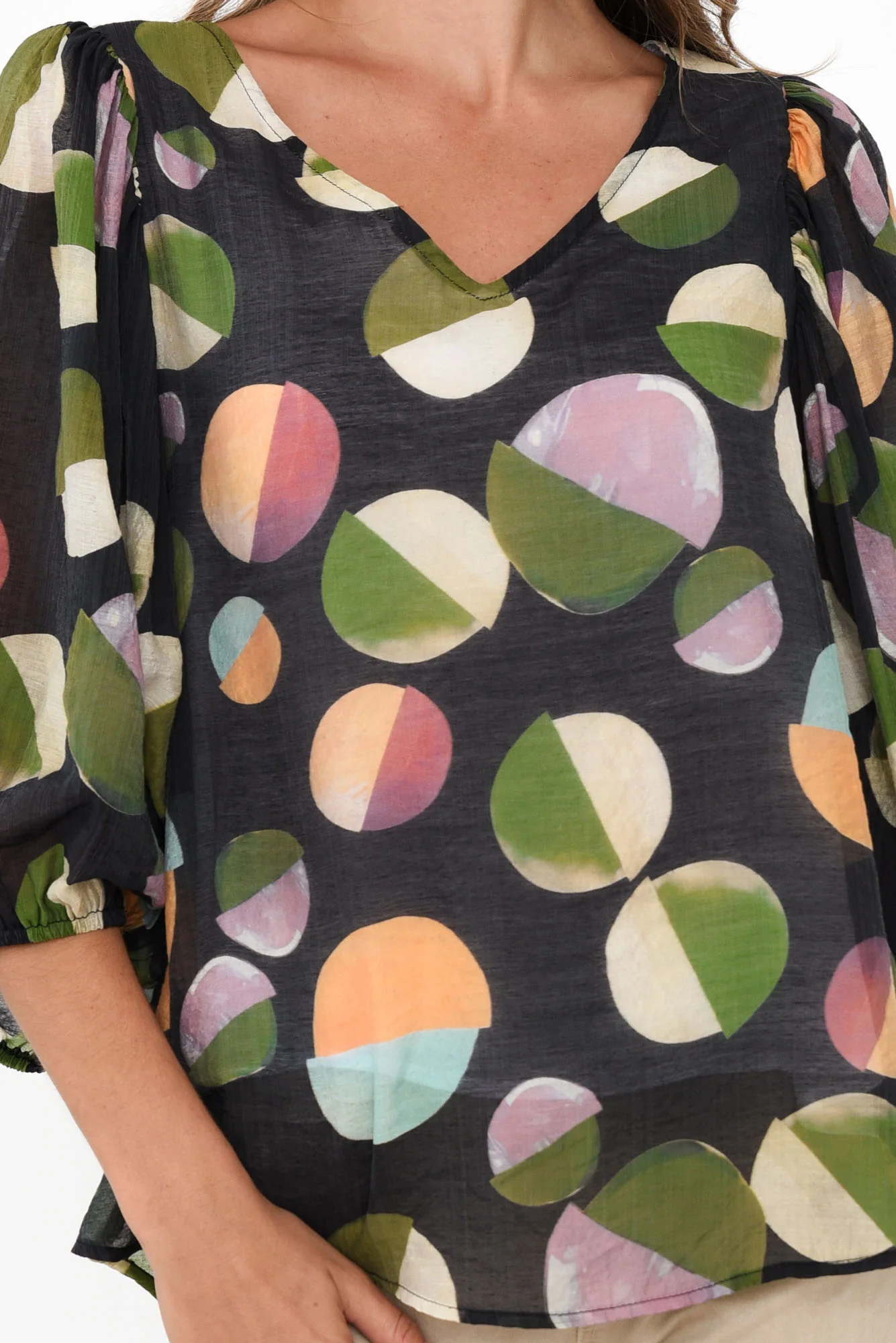 Misma Navy Spot V Neck Top