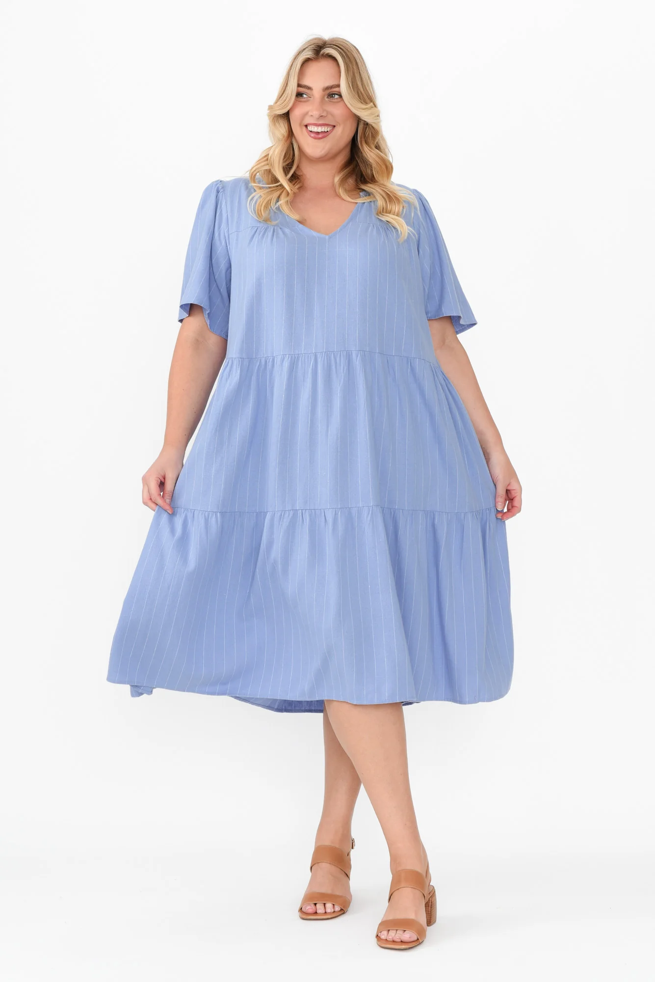 Regina Blue Linen Blend Tier Dress
