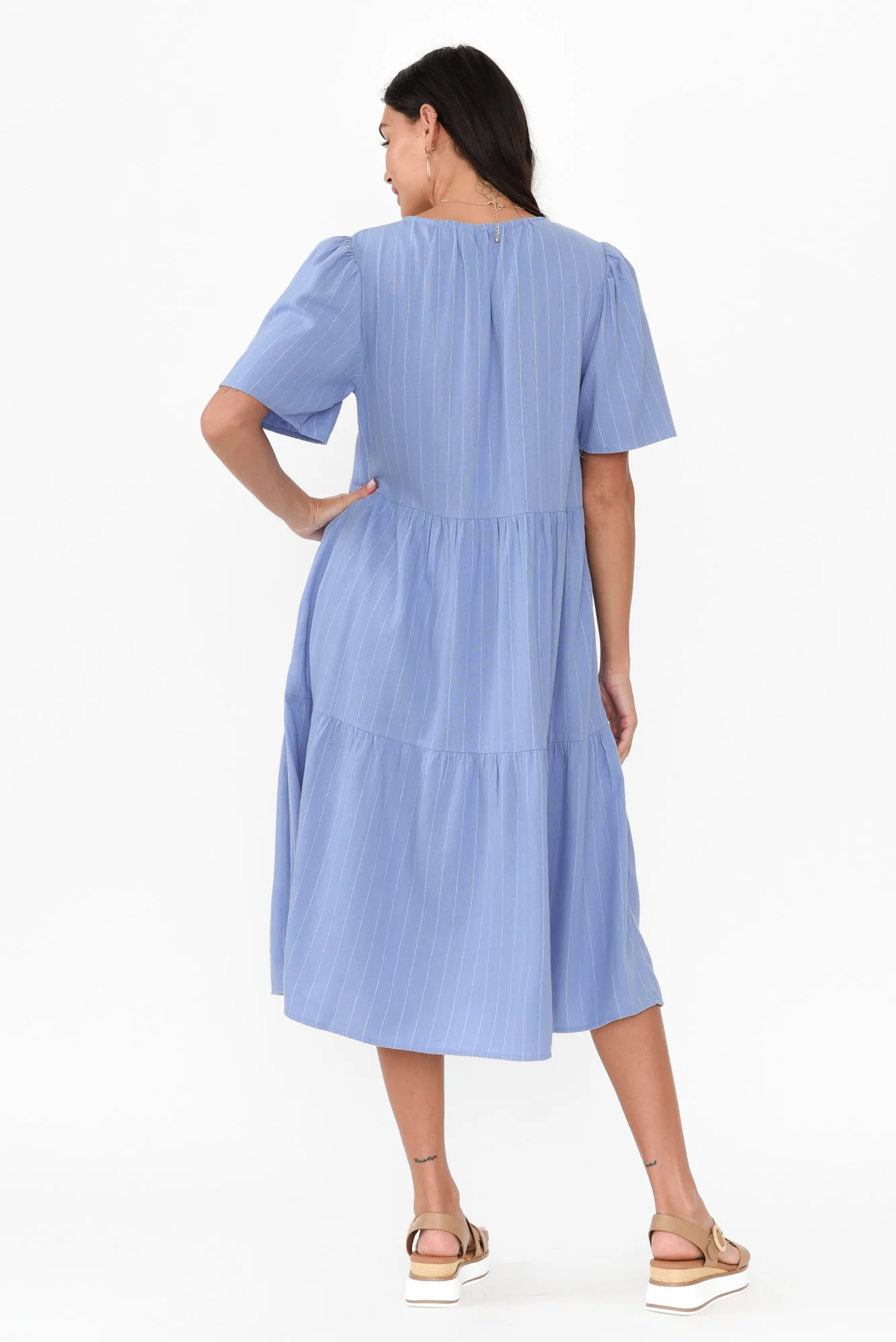 Regina Blue Linen Blend Tier Dress