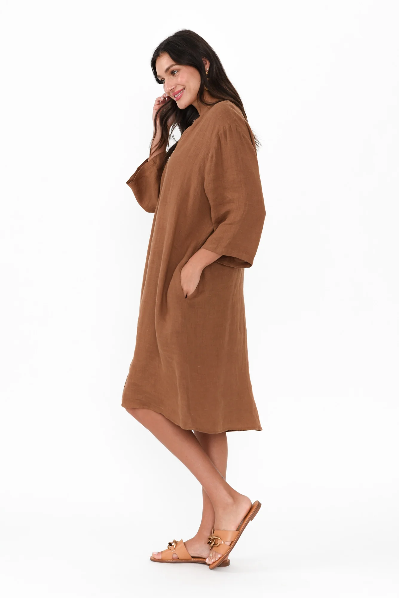 Sian Mocha Linen V Neck Dress
