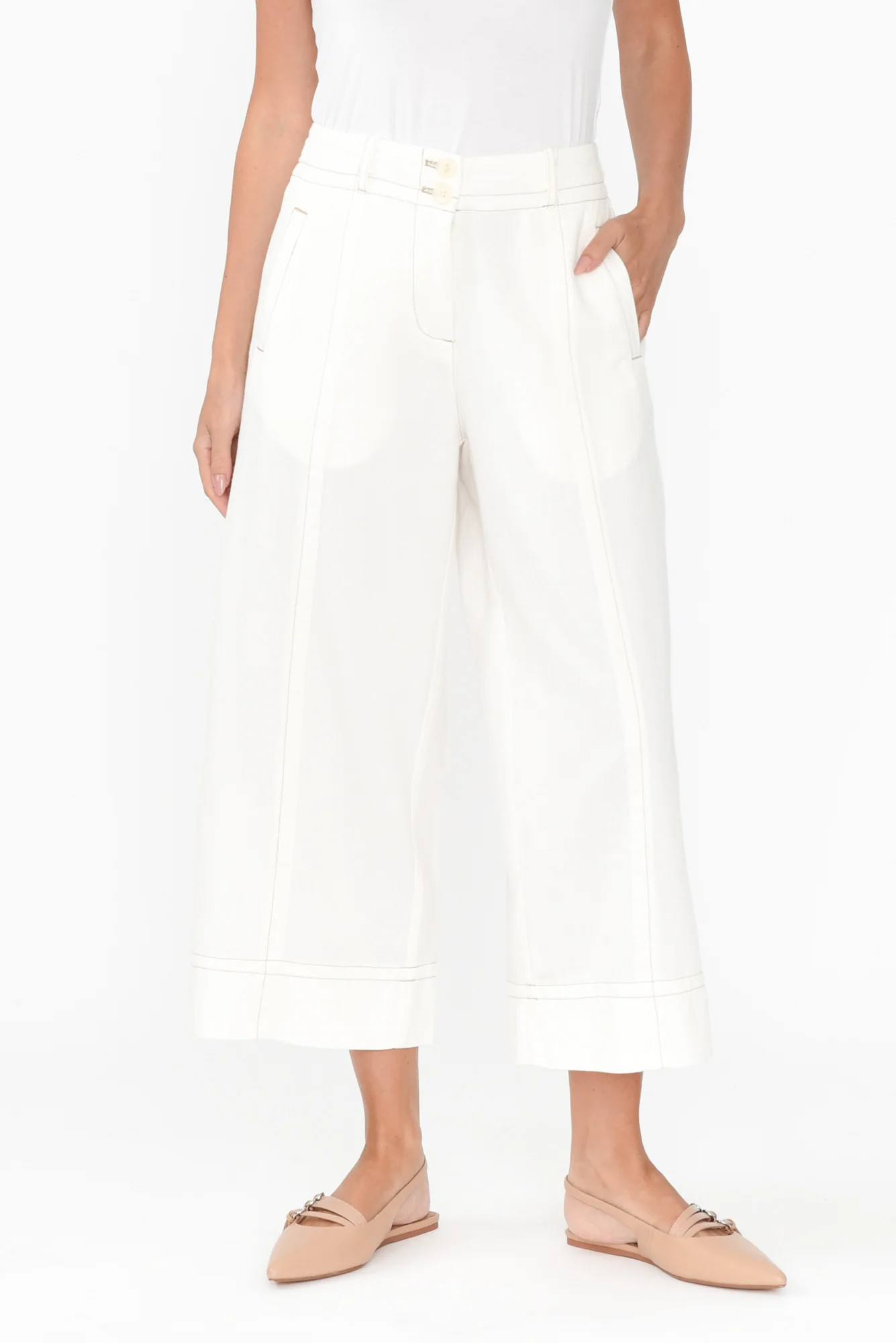Miley White Cotton Blend Crop Pants