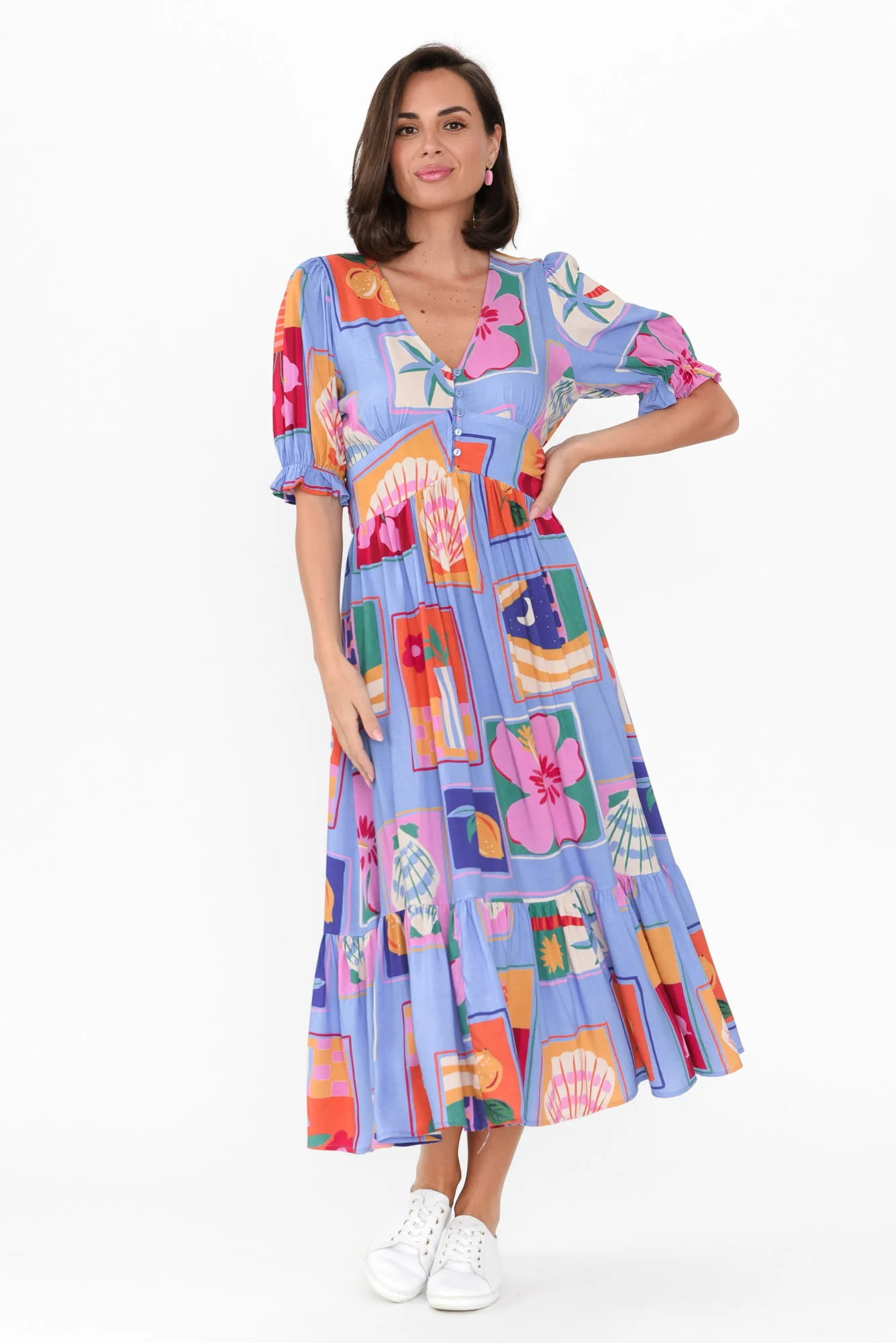 Beatrice Blue Tile Puff Sleeve Dress