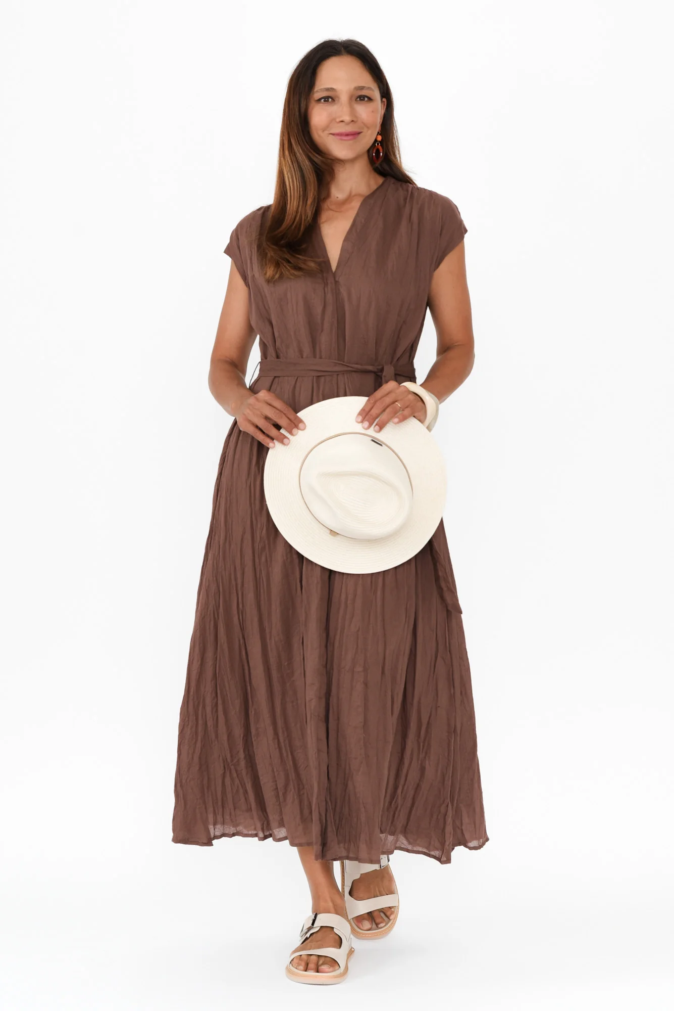 Octavia Chocolate Crinkle Cotton Button Dress