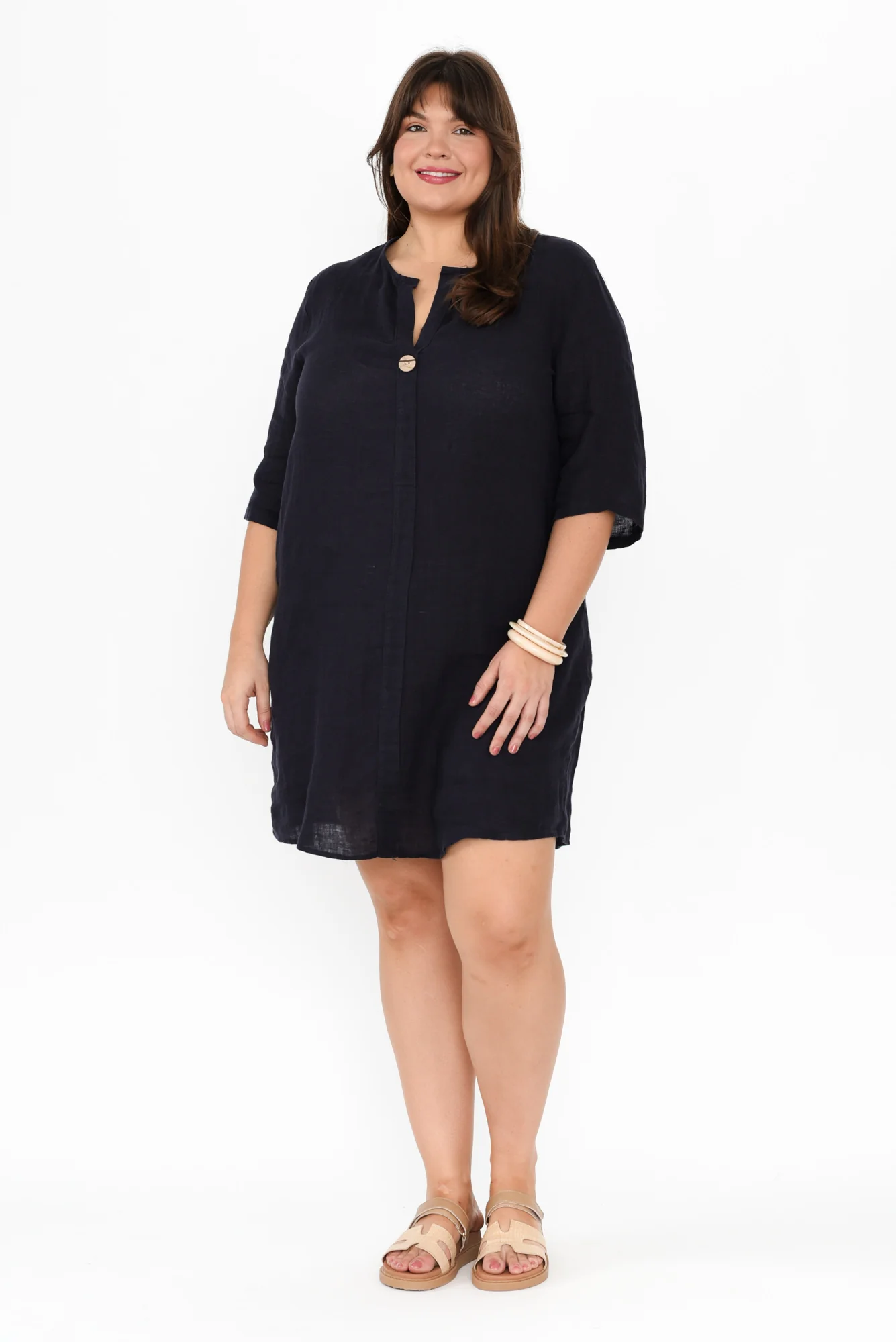 Sian Navy Linen V Neck Dress