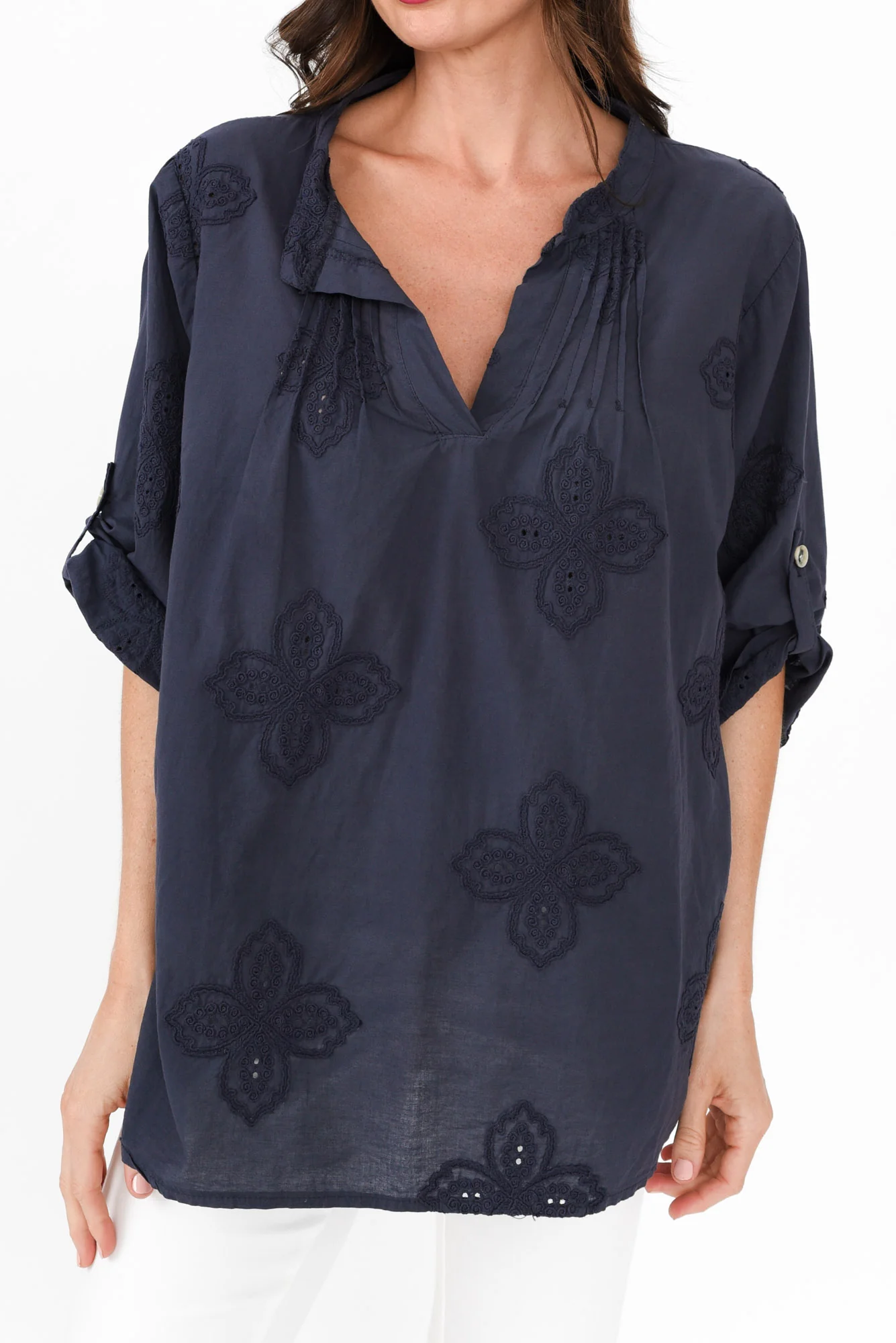 Marla Navy Cotton Embroidered Top