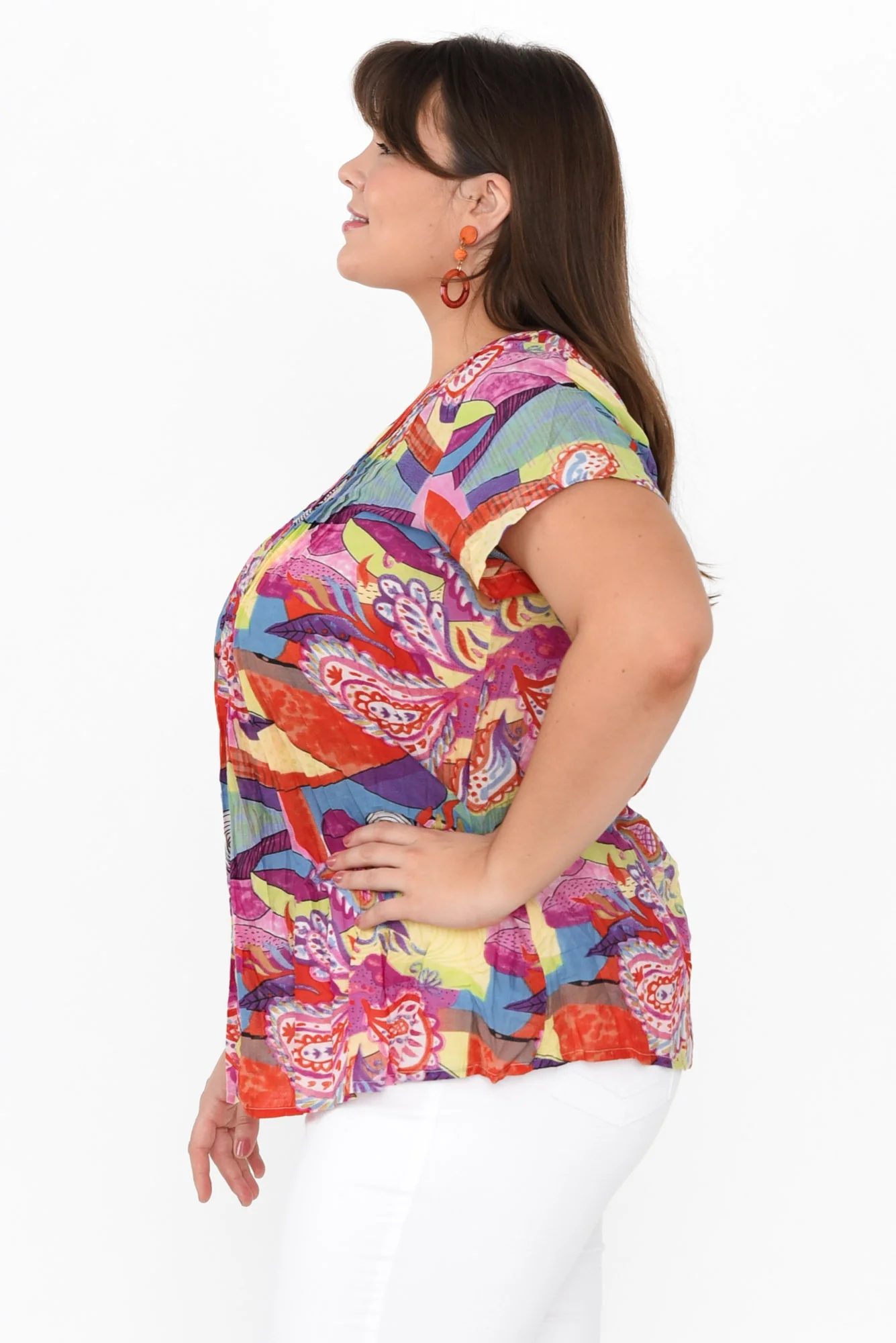 Fia Orange Geo Crinkle Cotton Top