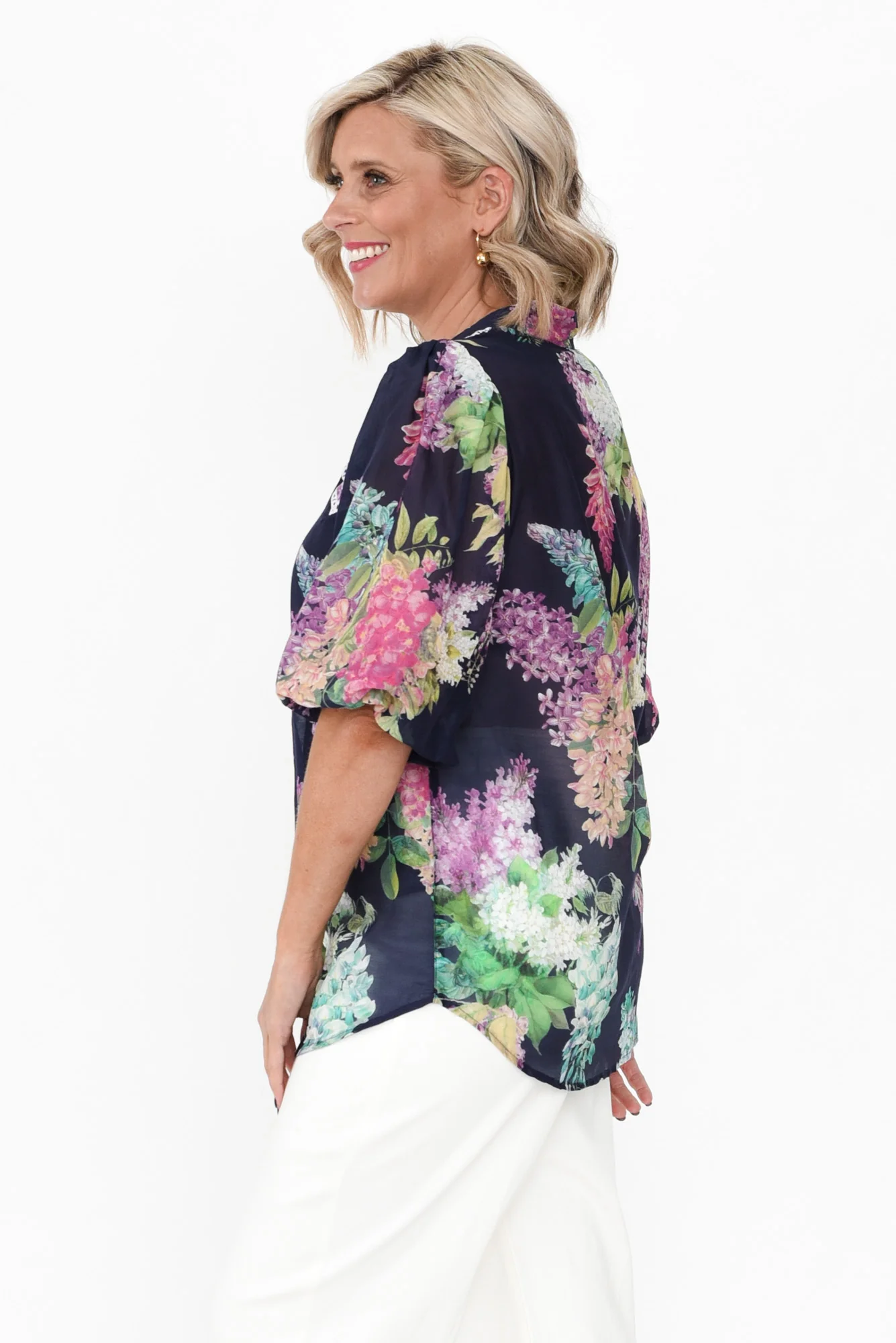 Bahia Navy Wisteria Cotton Silk Top