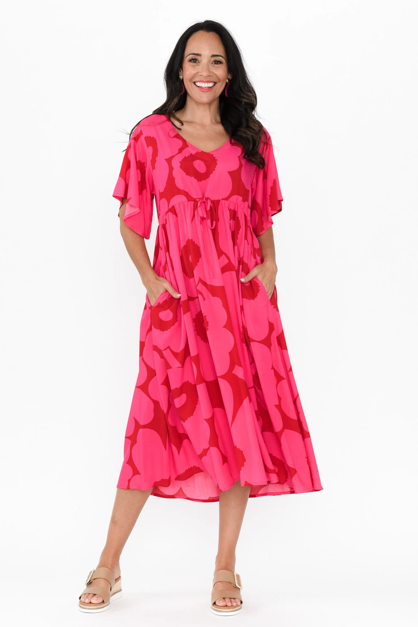 Jennifer Pink Flower Flutter Sleeve Dress