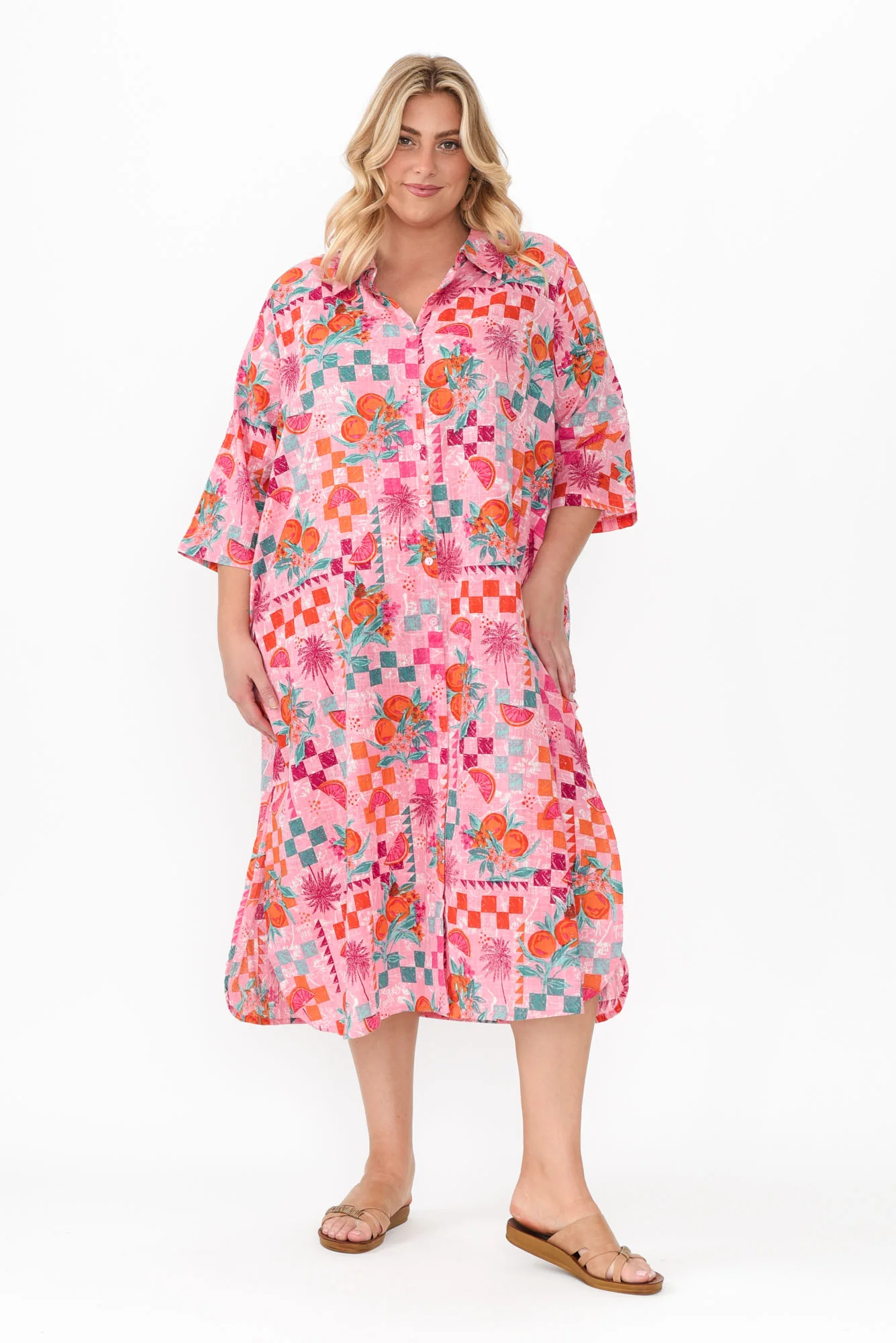 Tricia Pink Tropical Cotton Shirt Dress