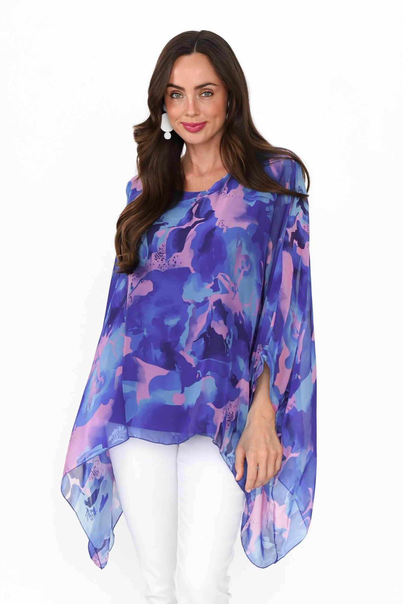 Trevino Blue Abstract Silk Overlay Top