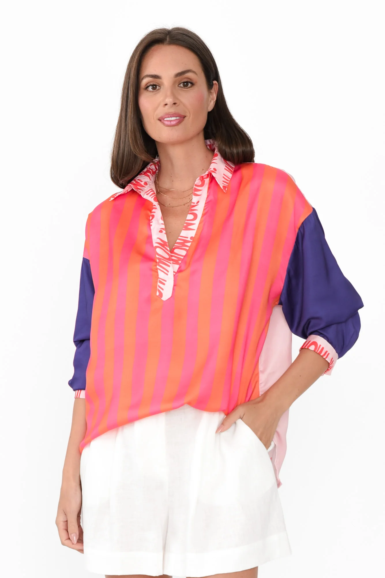 Suzy Pink Splice V Neck Shirt