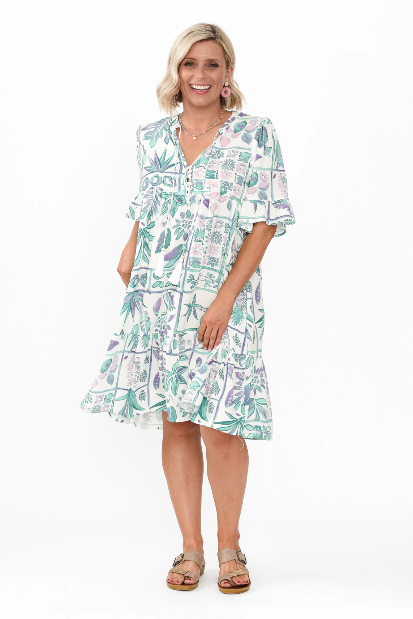Zorita White Tropical Frill Sleeve Dress