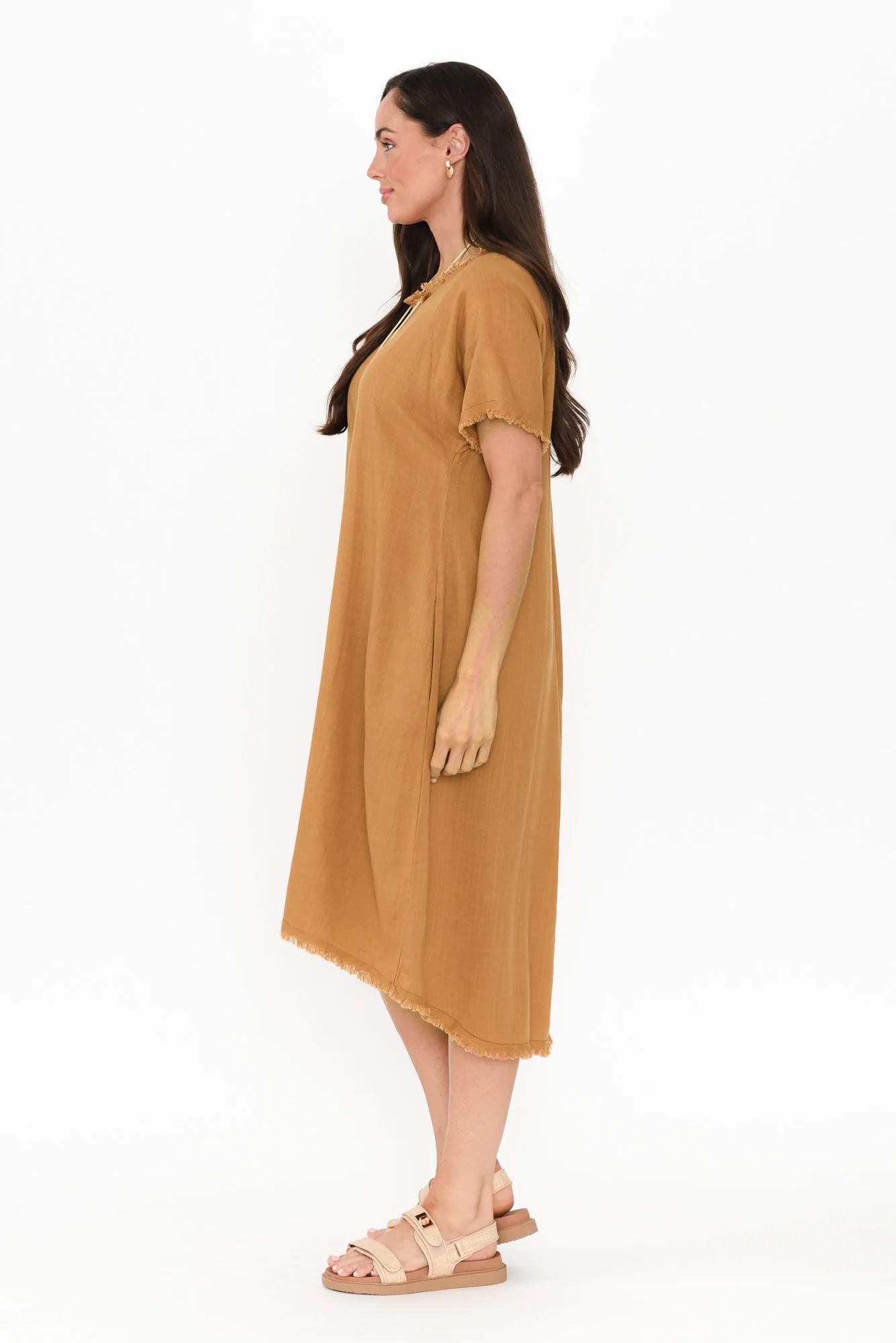Humphrey Mustard Cotton Linen Frayed Dress