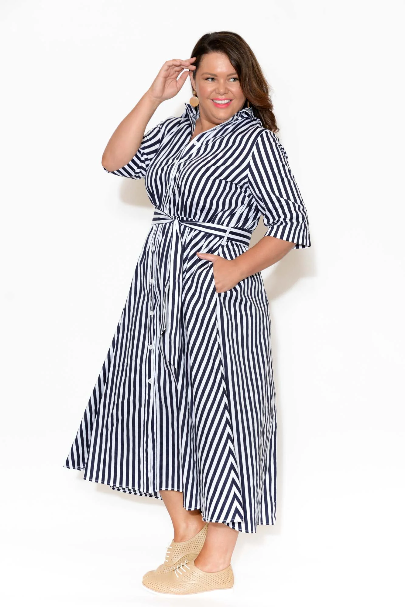 Grace Navy Stripe Cotton Poplin Dress