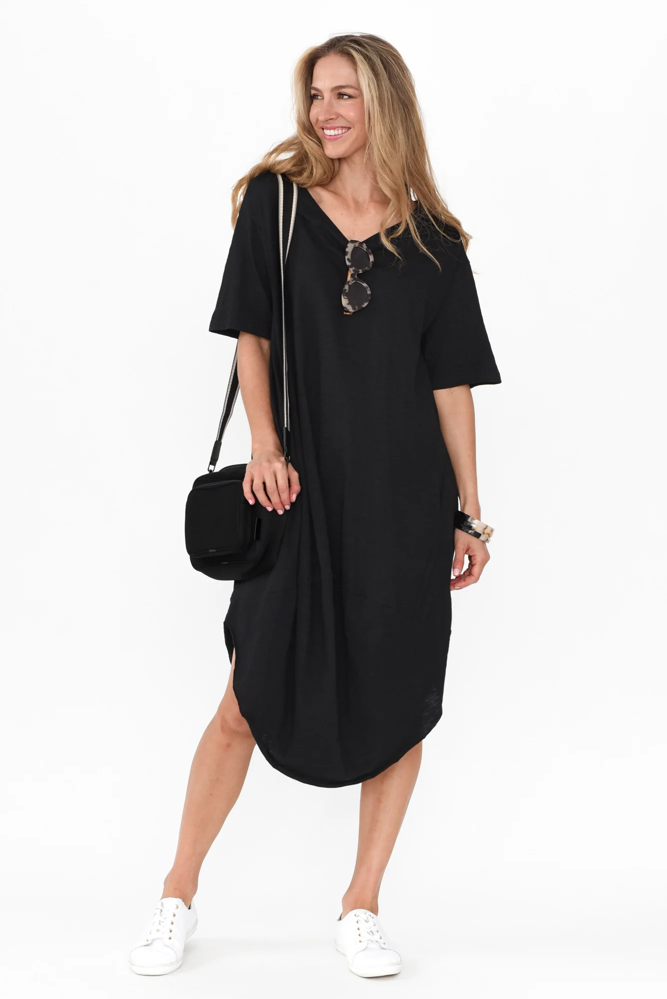 Mita Black Cotton Slub Scoop Dress