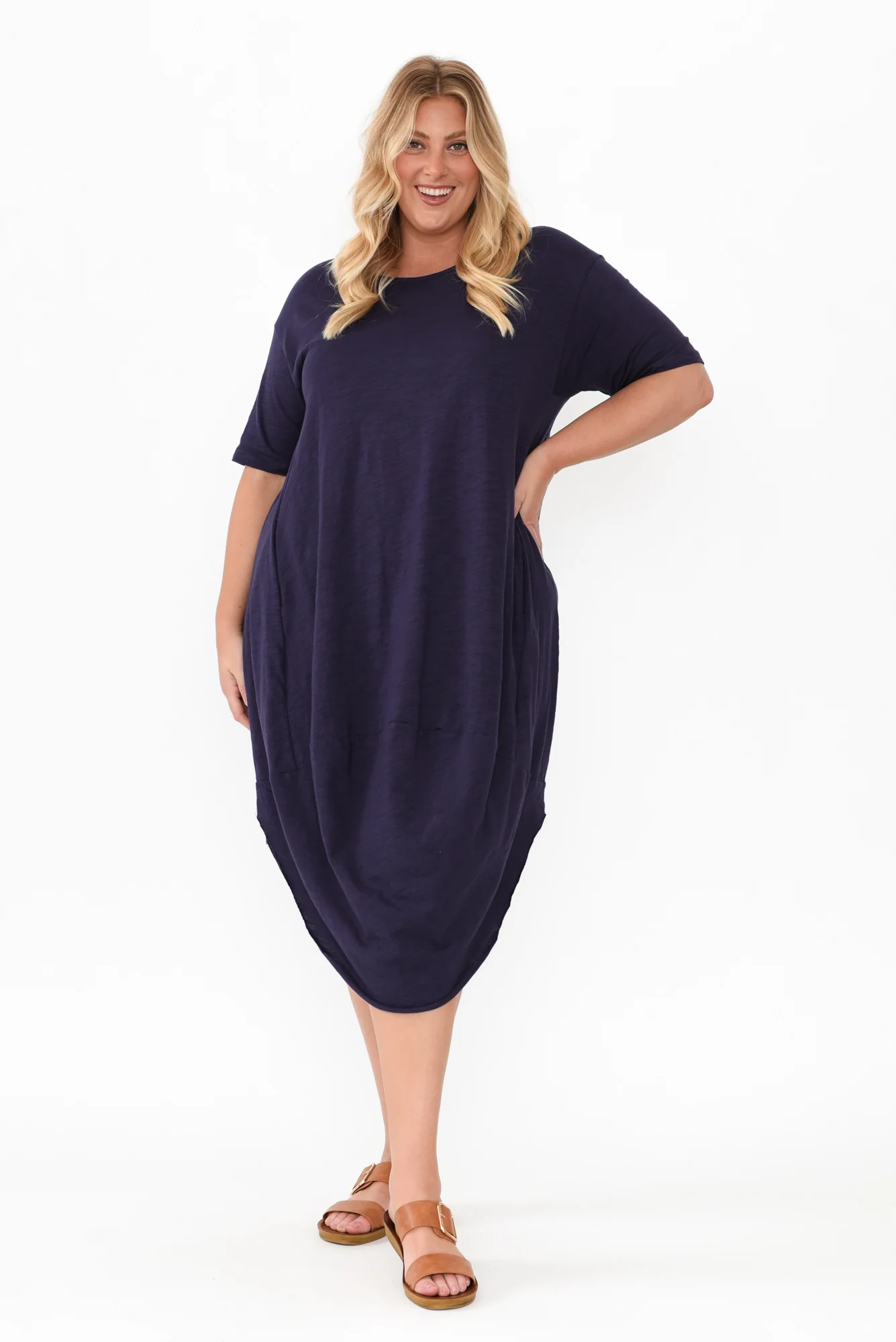 Mita Navy Cotton Slub Scoop Dress