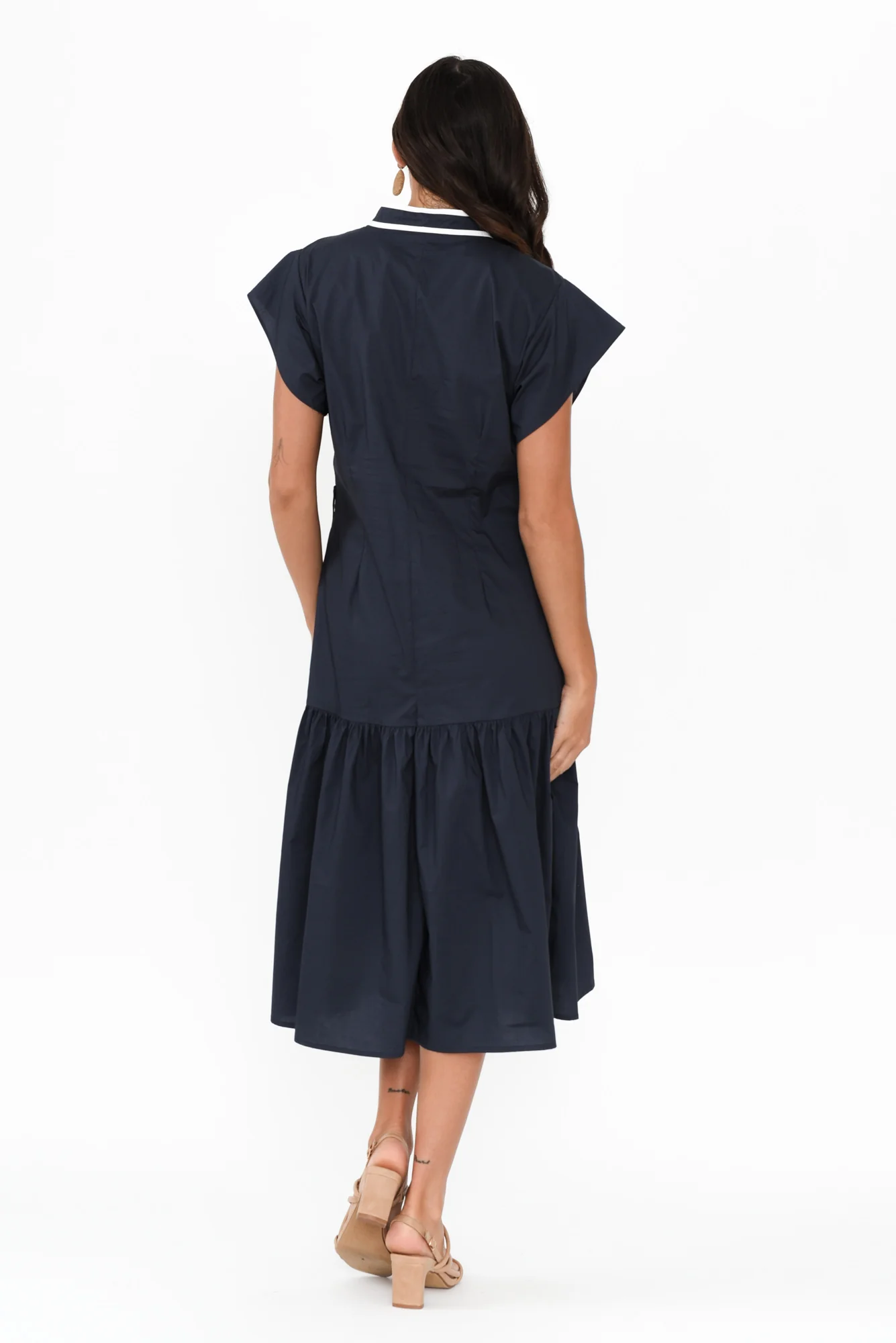 Mari Navy Contrast Cotton Tie Dress