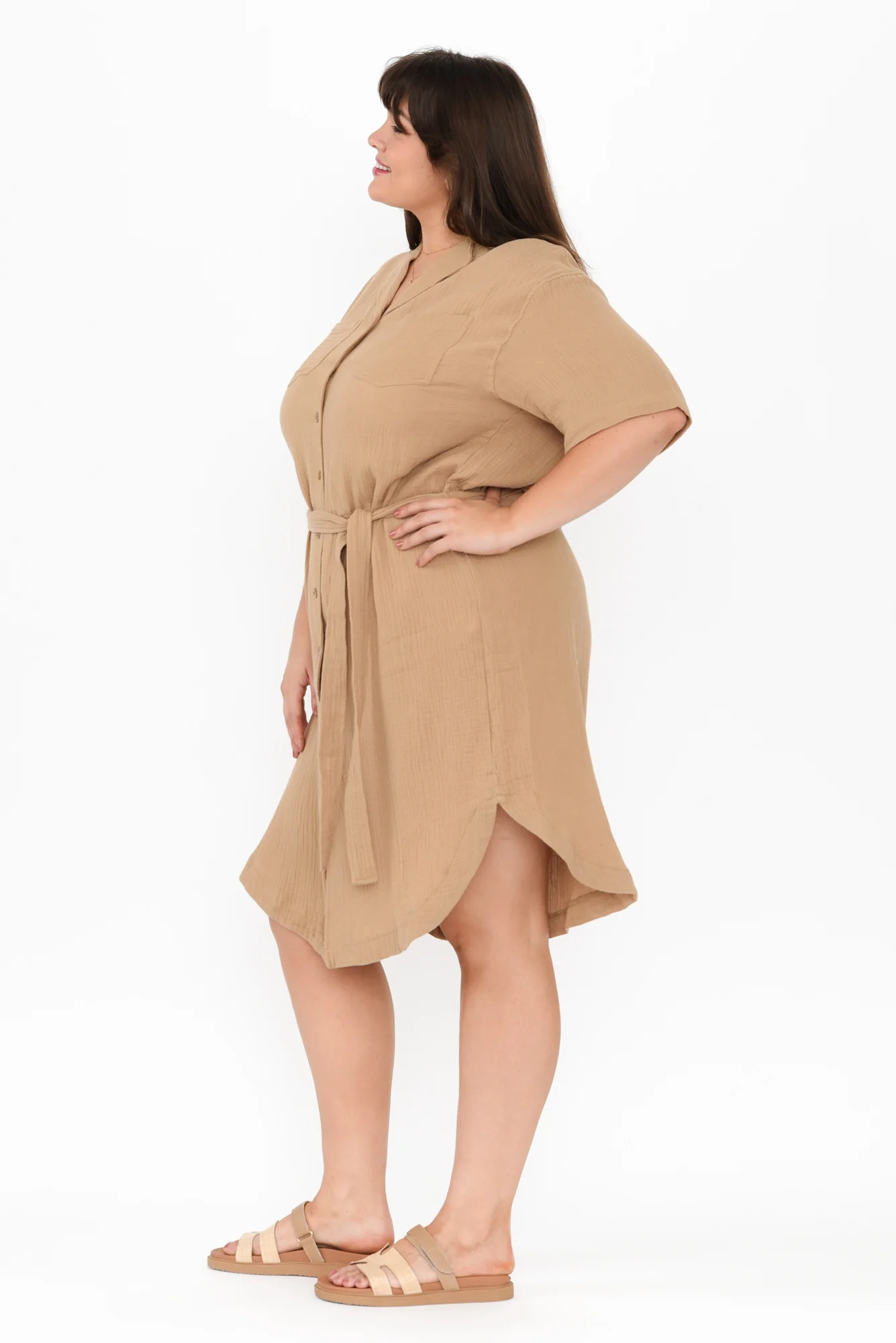 Tahiti Beige Cotton Cheesecloth Tie Dress