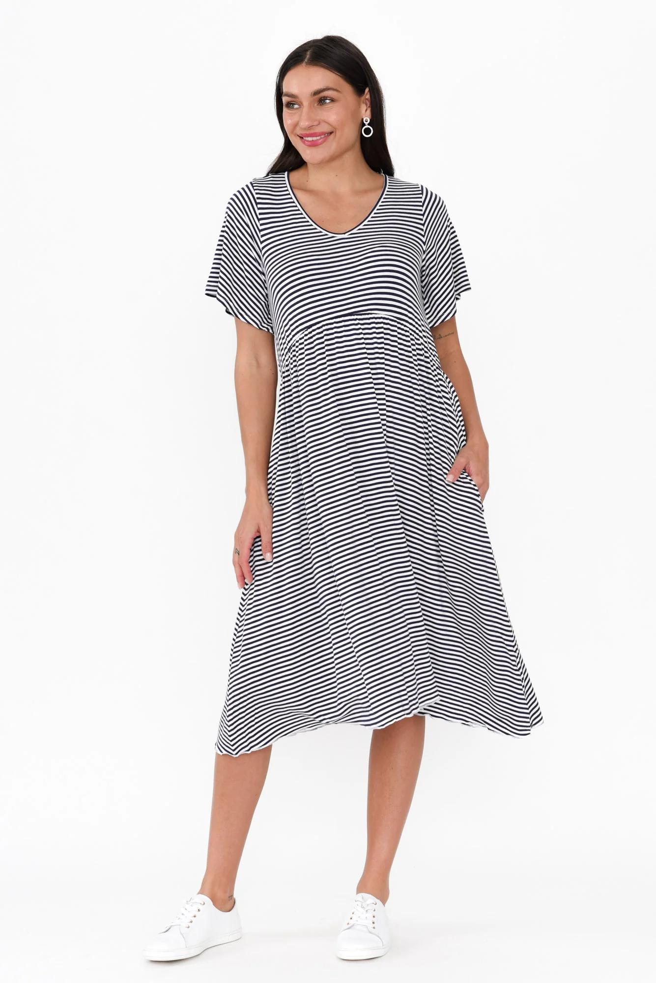 Donna Navy Stripe Gathered Dress