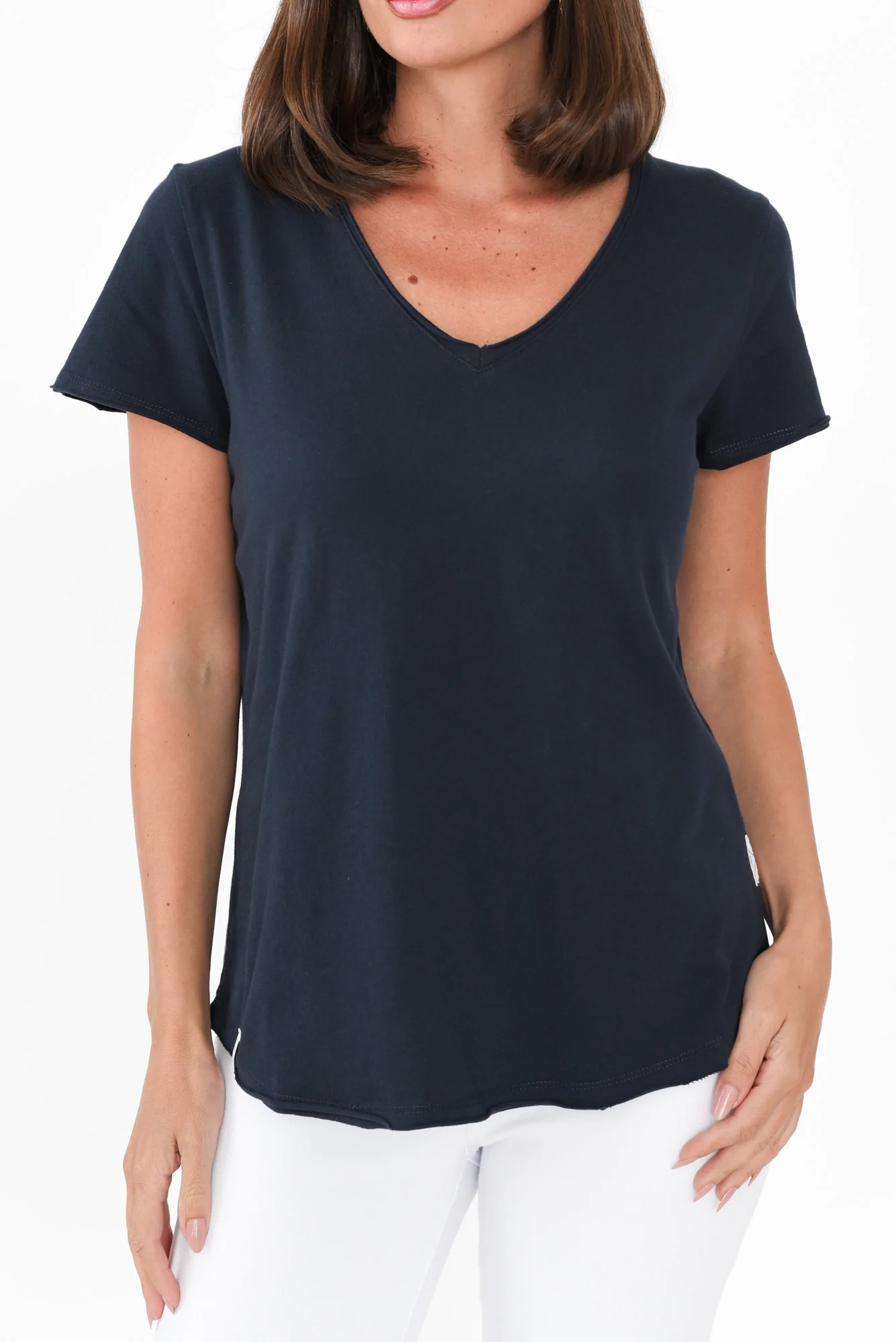 Maggie Navy Cotton Vee Tee