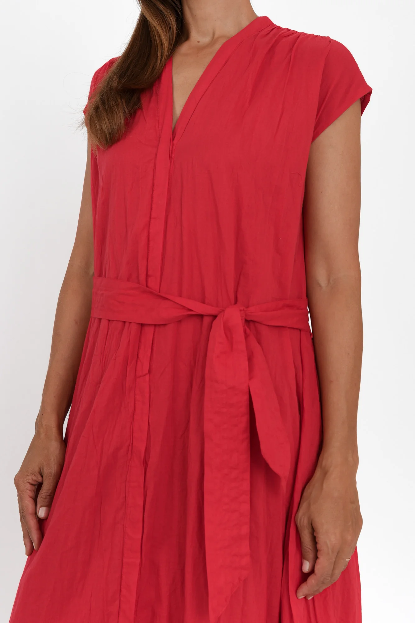 Octavia Red Crinkle Cotton Button Dress