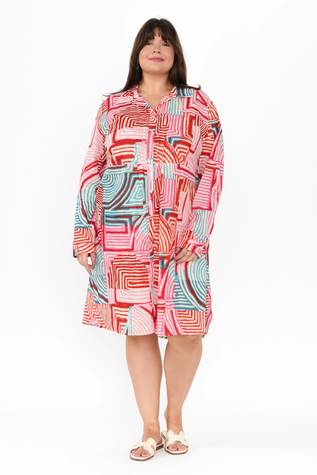 Maya Pink Geo Cotton Shirt Dress