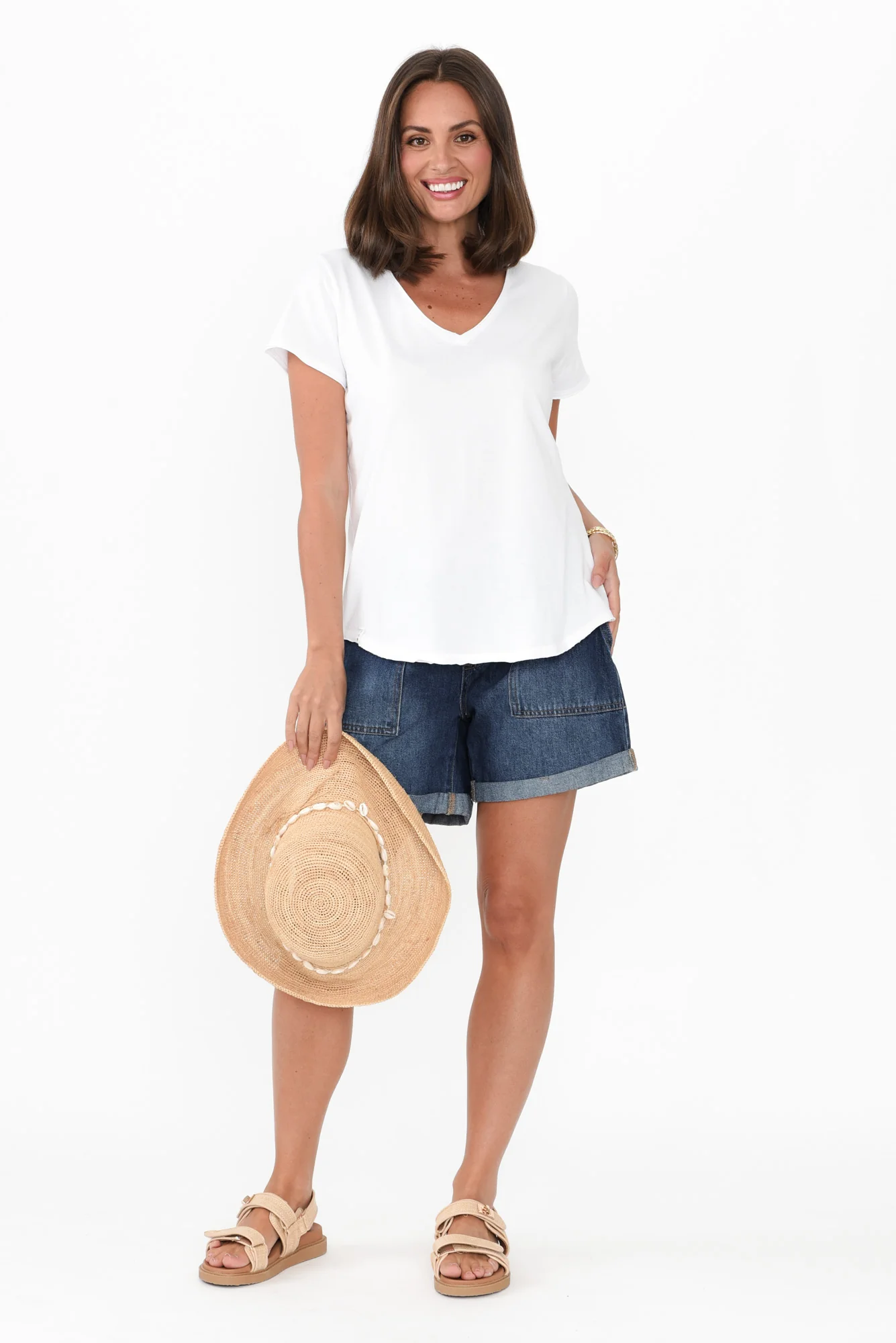 Maggie White Cotton Vee Tee