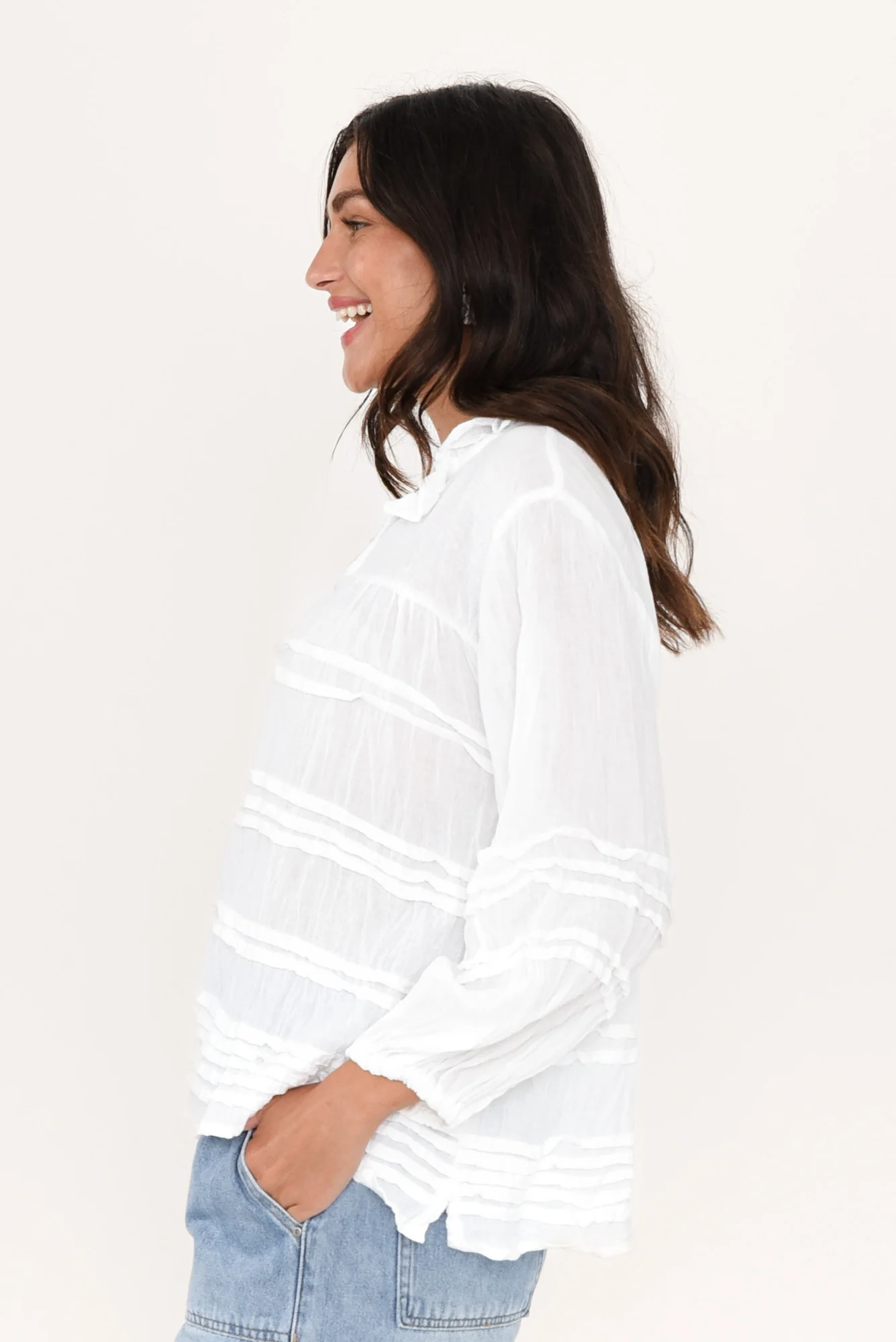 Palmer White Cotton Long Sleeve Top