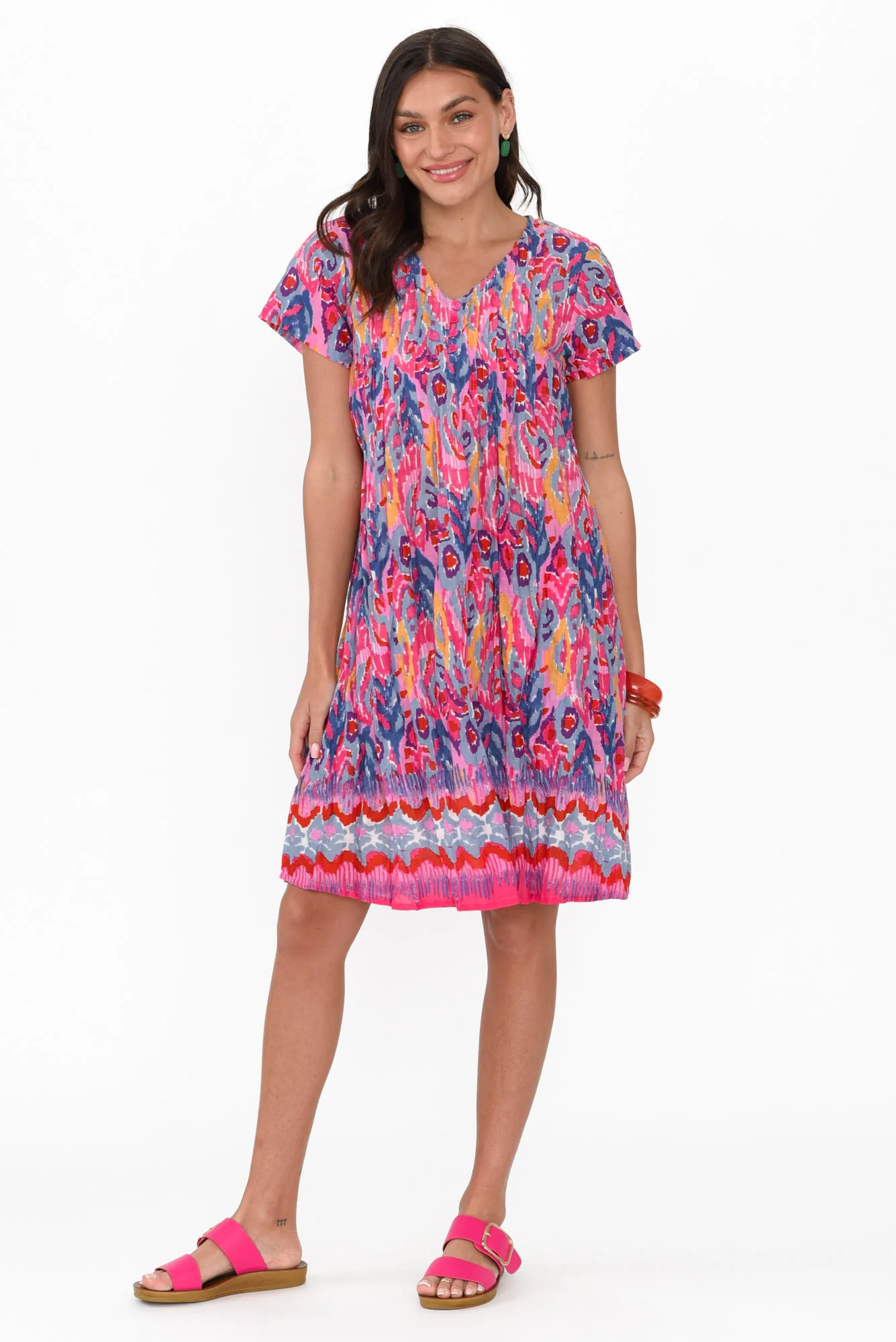 Sabina Pink Motif Crinkle Cotton Dress
