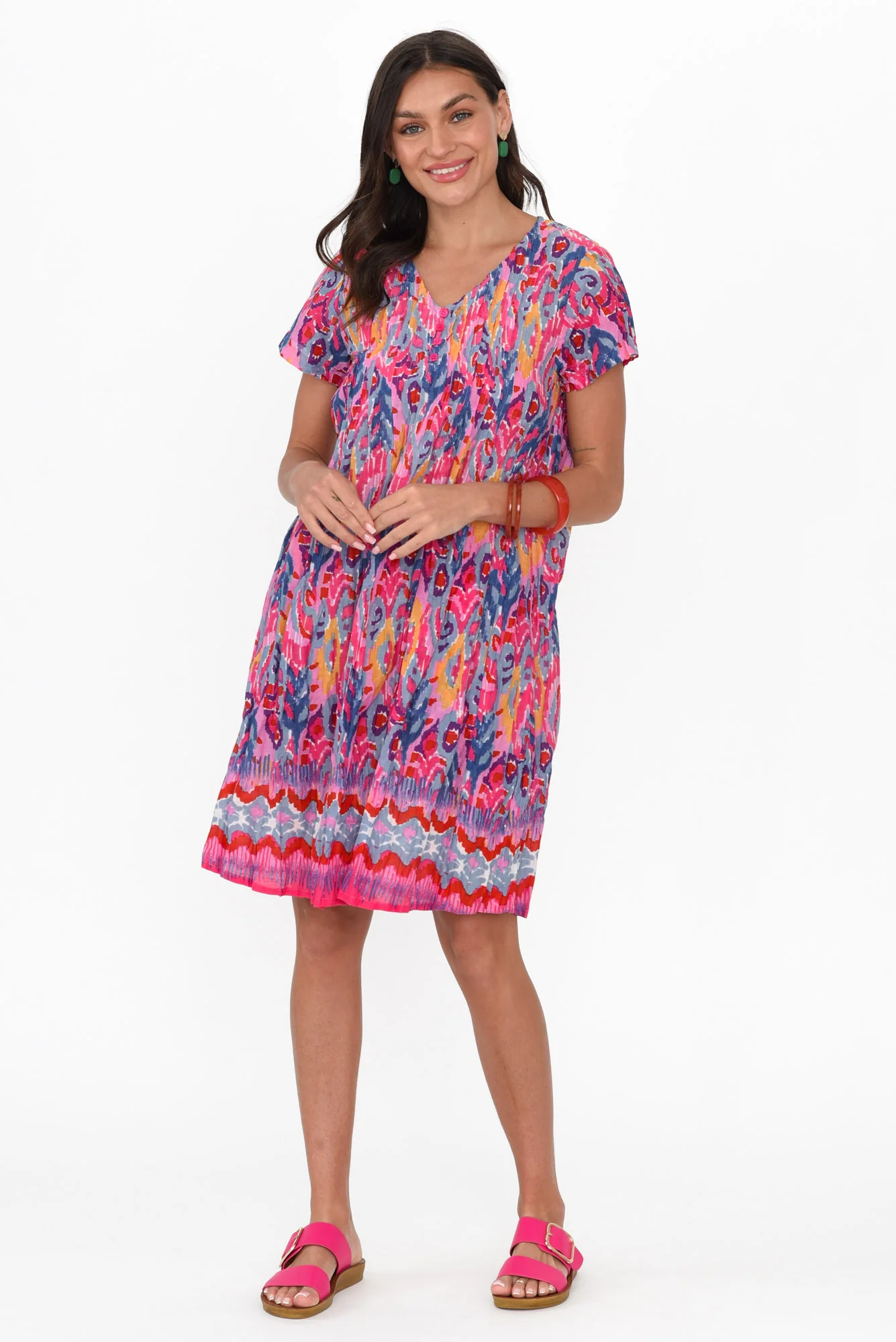 Sabina Pink Motif Crinkle Cotton Dress