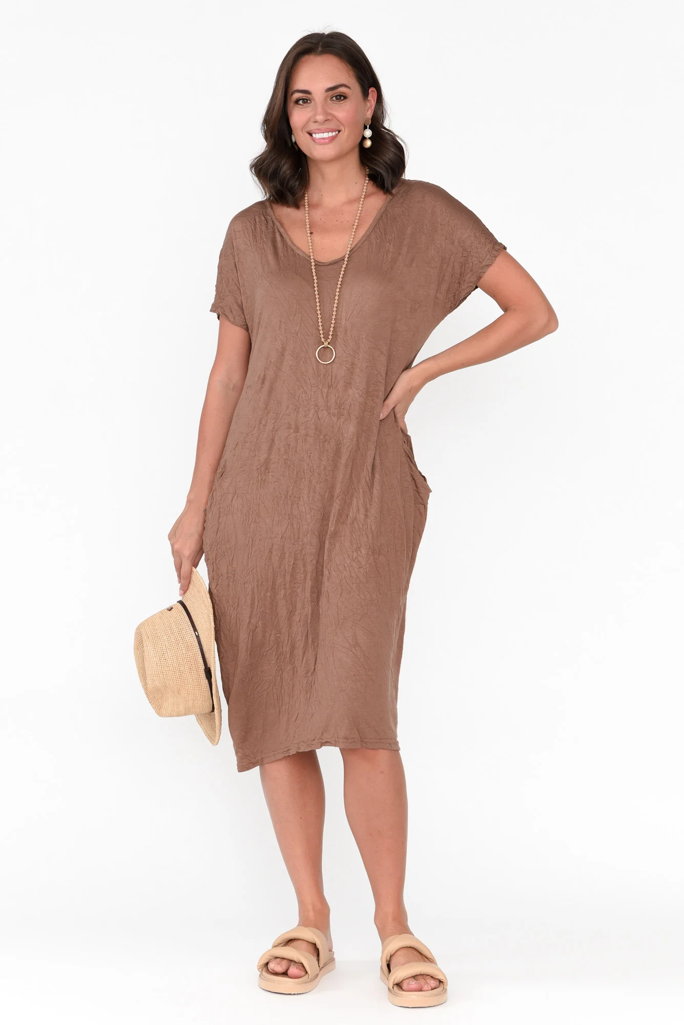 Travel Brown Crinkle Cotton Dress